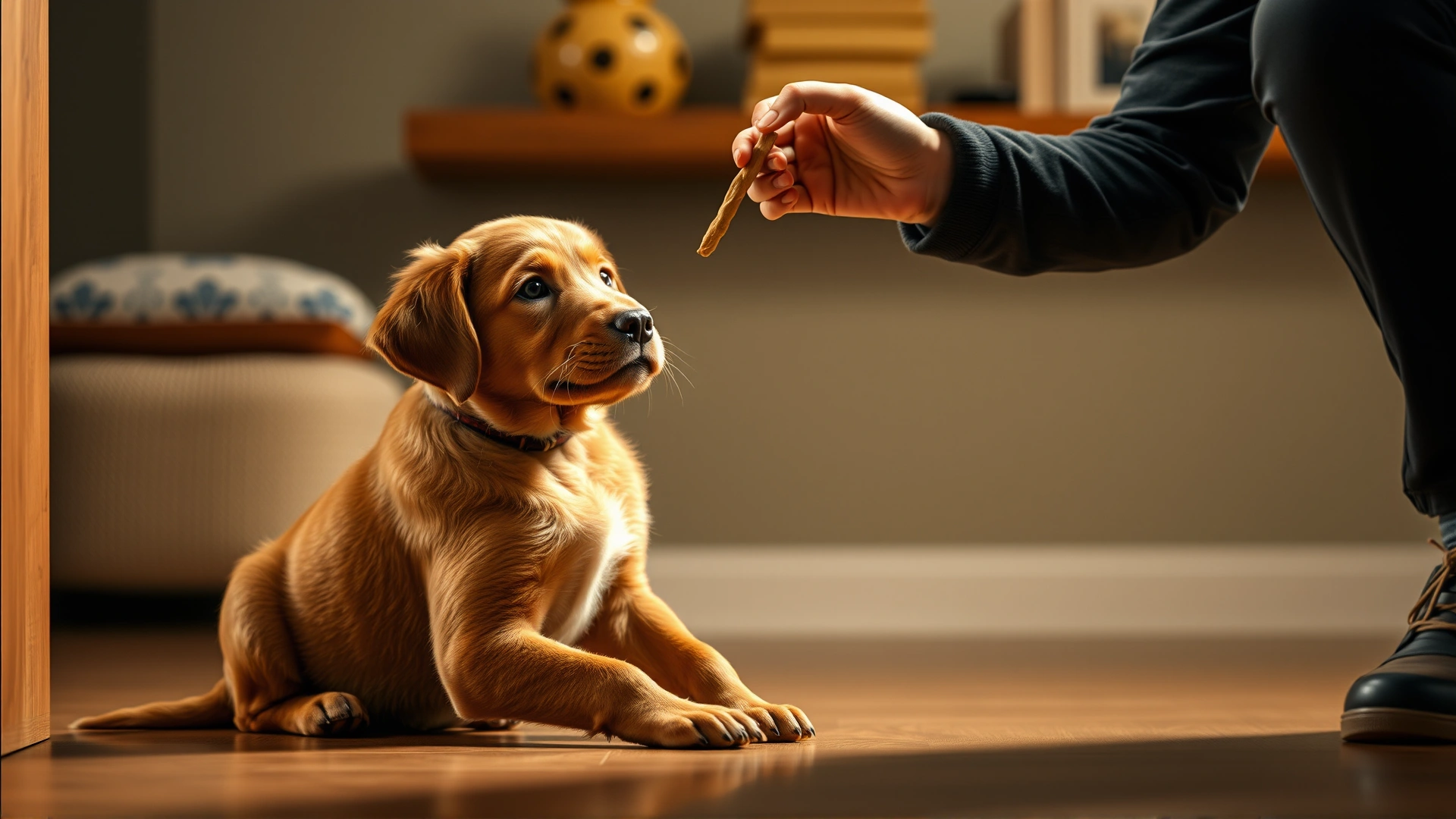 Chesapeake Bay Retriever puppy performing a sit command while receiving a treat from a trainer indoors under warm soft lighting