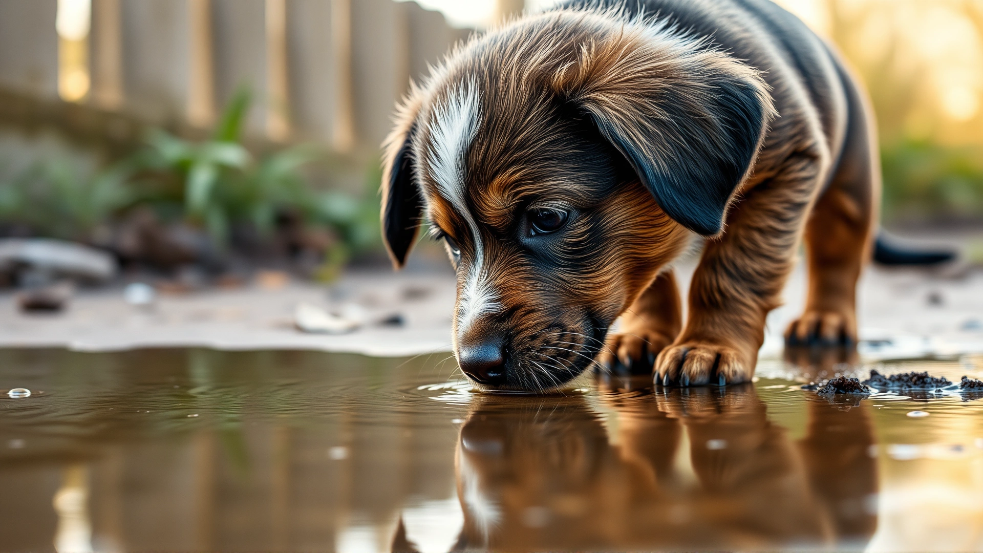 Curious puppy sniffing at a puddle of standing water outdoors, highlighting leptospirosis risk.