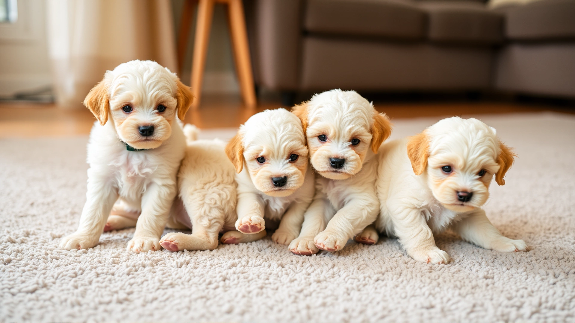 Adorable litter of Miniature Poodle puppies playing together on a soft indoor rug, illustrating choosing or adopting a puppy.