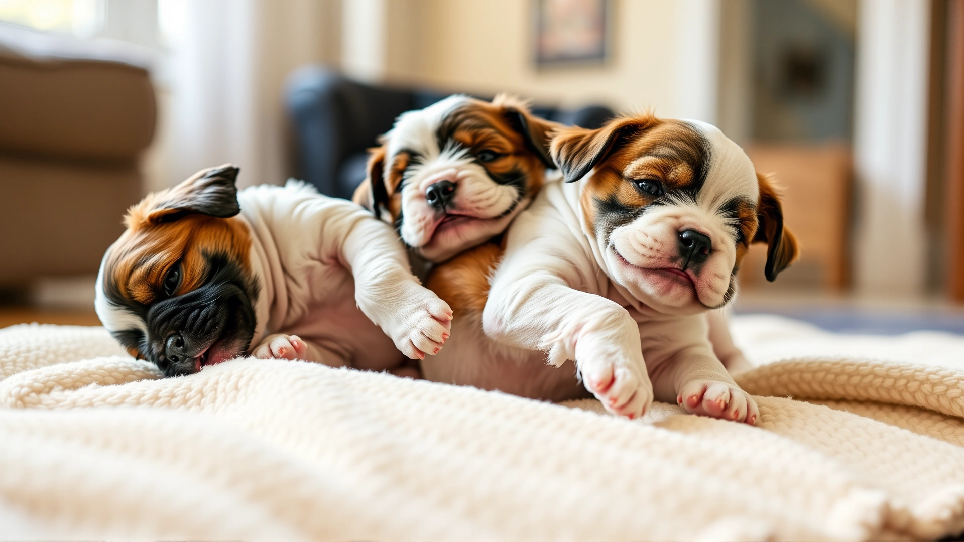 Three playful Bolognese puppies tumbling together on a soft cream-colored blanket in warm indoor lighting.
