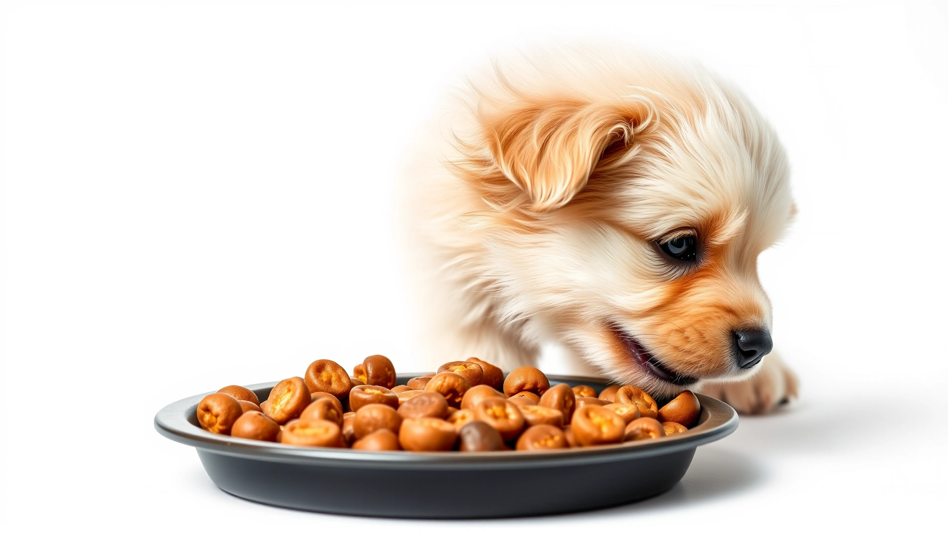 Cute fluffy puppy eating kibble from a shallow dish on a clean white background