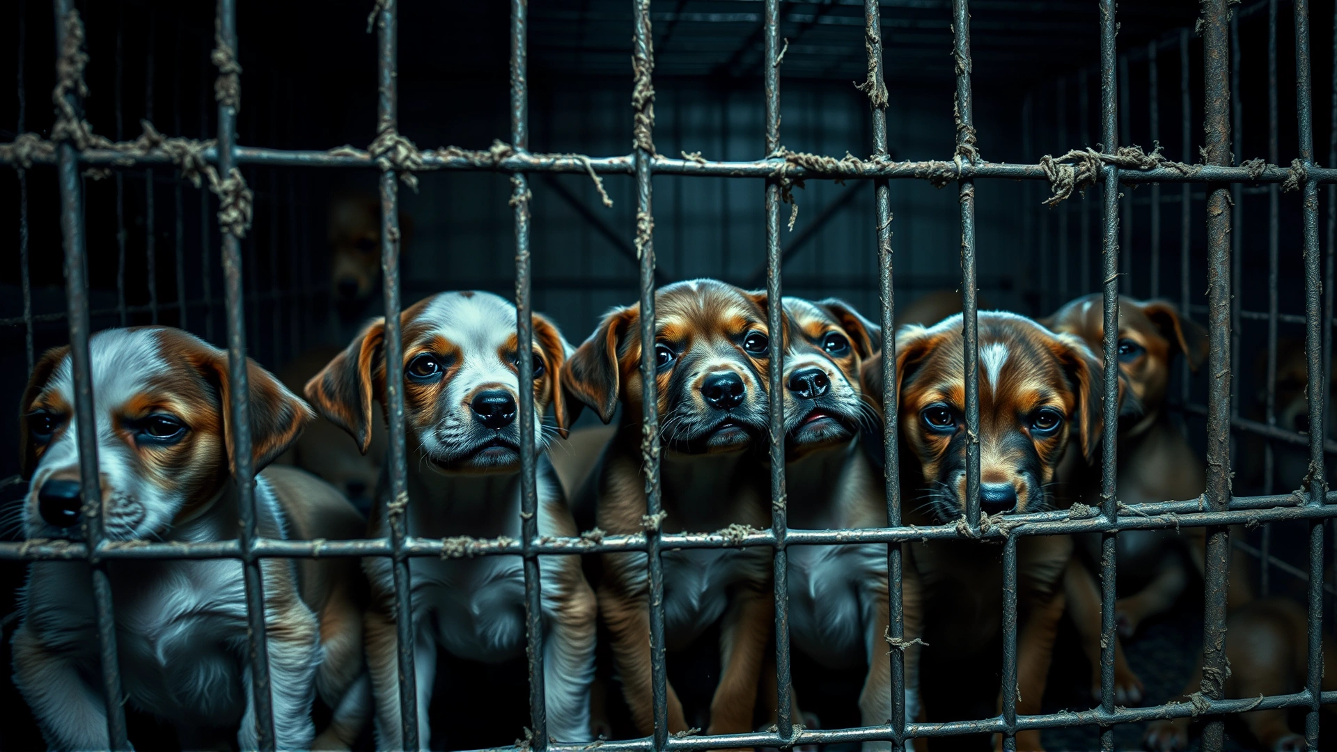 Sad puppies in a cramped, dirty wire cage to illustrate a puppy mill; dim lighting, no text.