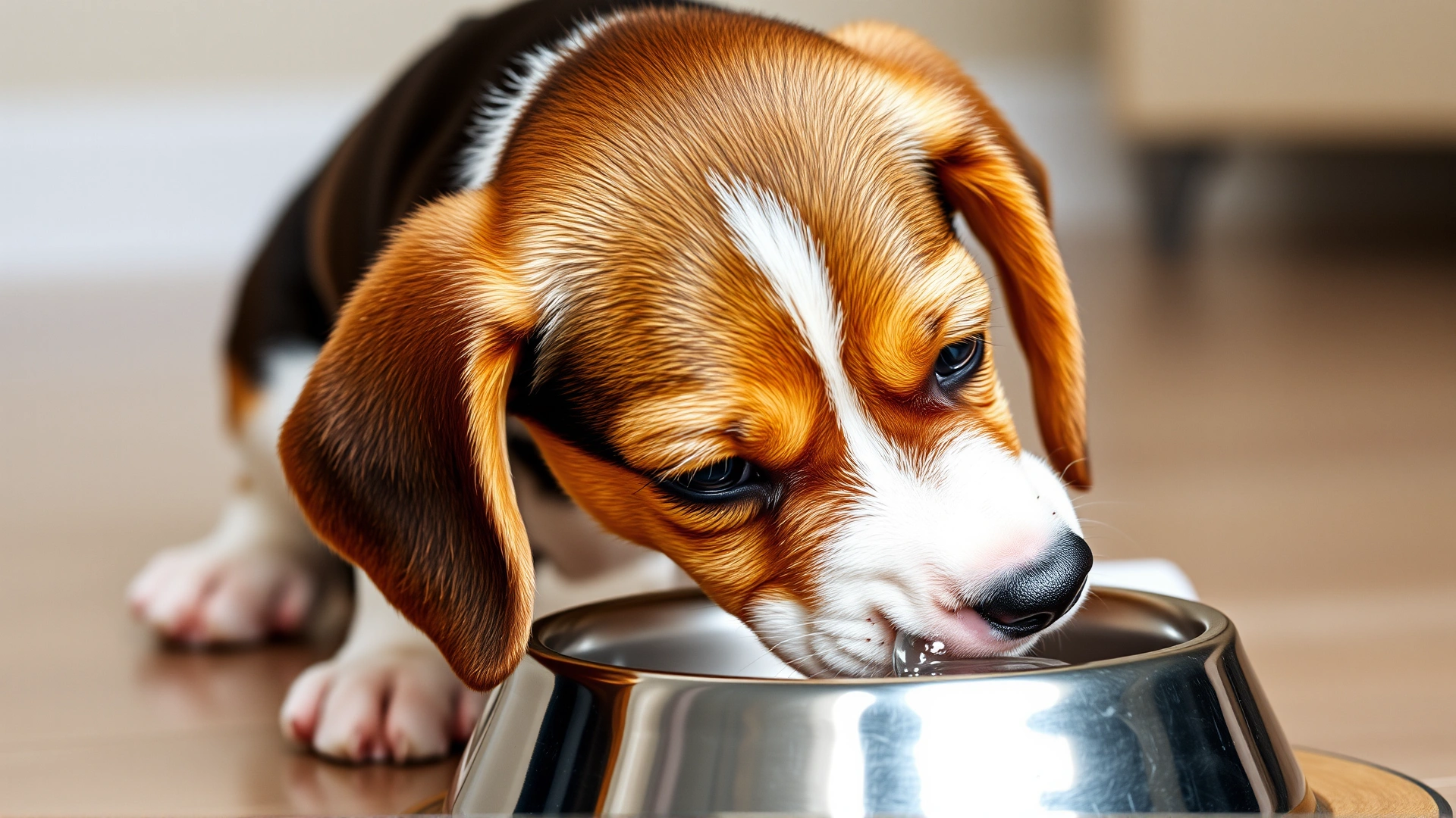 Curious Beagle puppy drinking water from a stainless-steel bowl, illustrating basic needs.