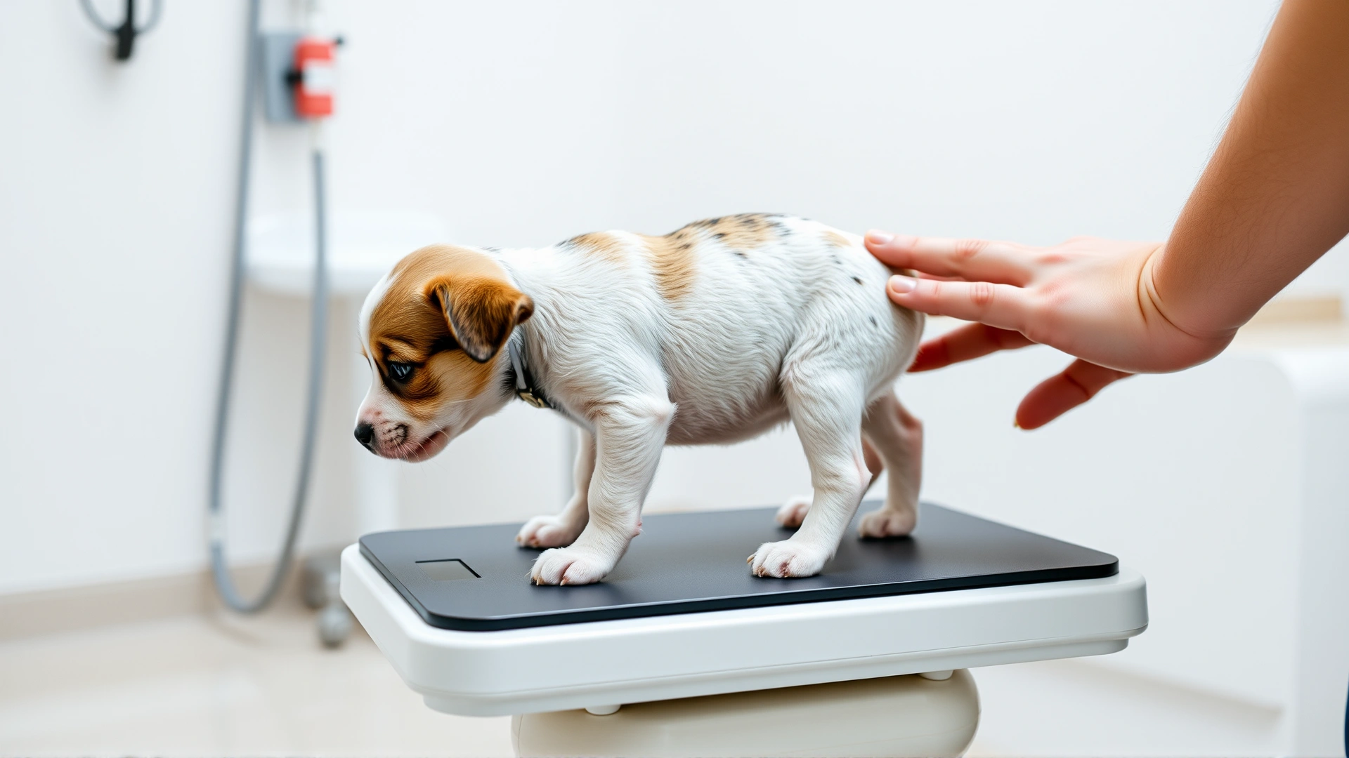 Side view of a small puppy calmly standing on a digital veterinary scale, with the owner's supportive hand visible, clean clinic environment