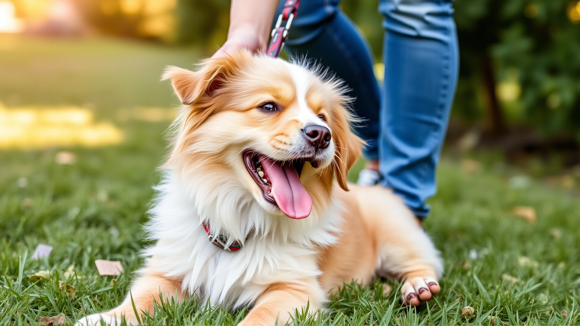 Happy puppy relieved outside on grass with owner holding leash and giving treat