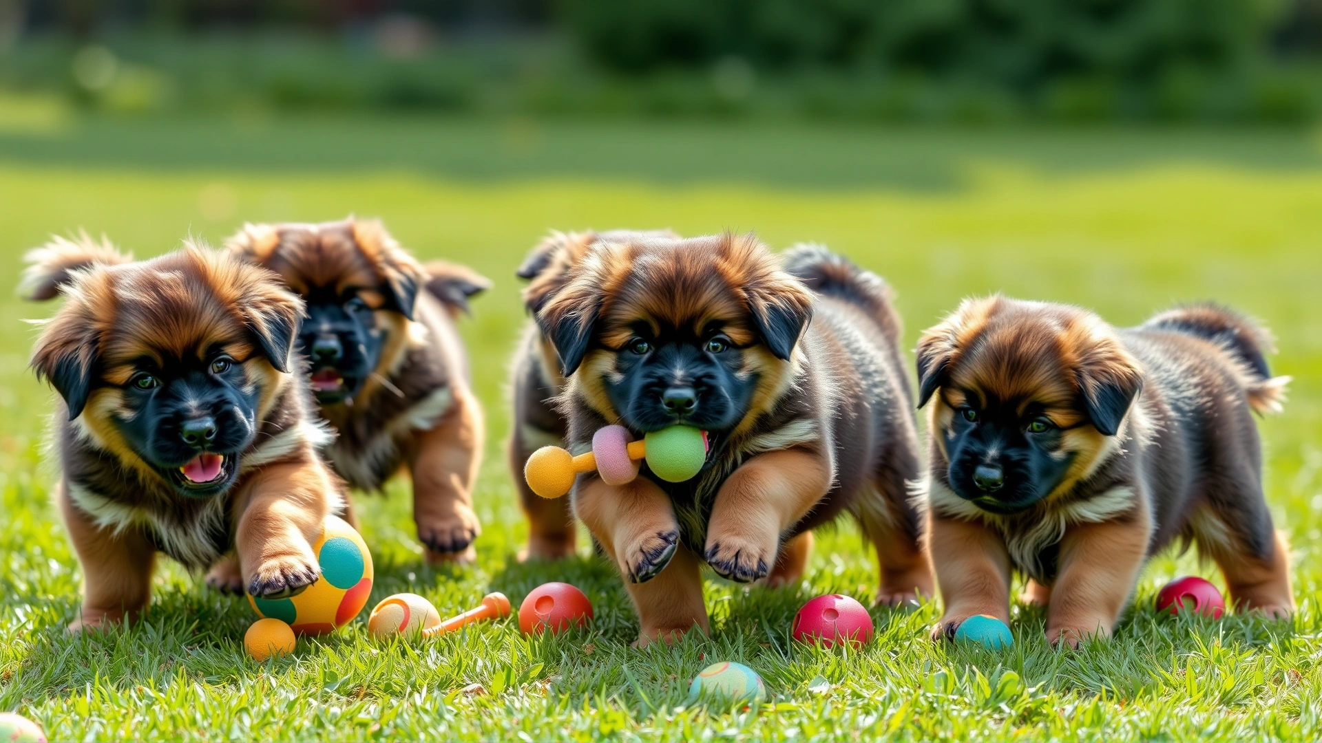 Group of Leonberger puppies playing on green grass with colorful toys, bright daylight, playful mood