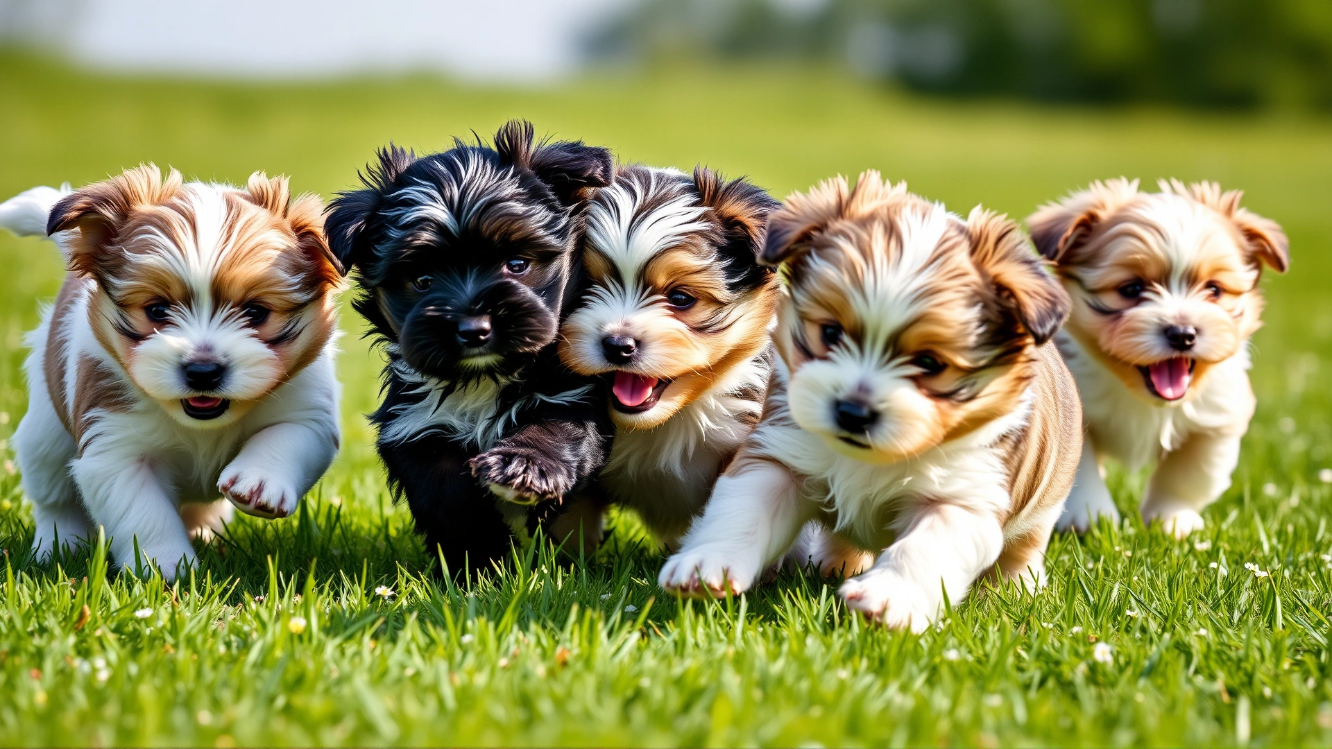 A group of playful Lowchen puppies chasing each other on fresh green grass on a sunny day