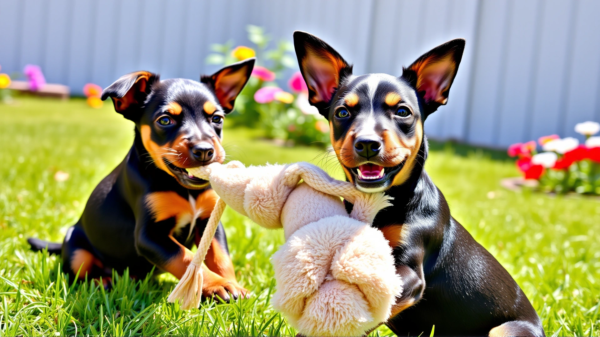 Manchester Terrier puppies playing tug-of-war with a plush toy in a sunny backyard with green grass and colorful flowers.