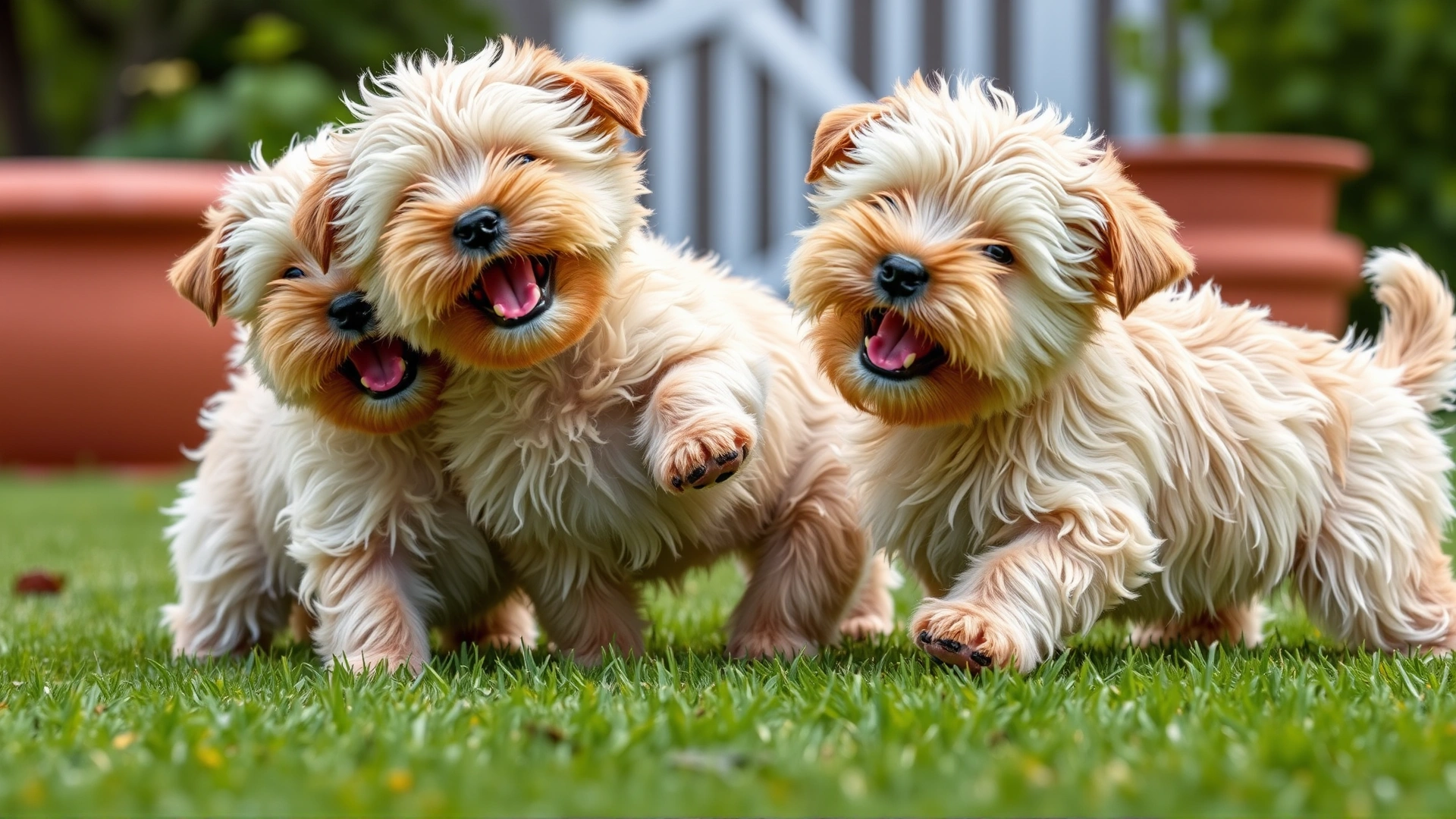Soft Coated Wheaten Terrier puppies playing together on a lawn, playful mood, vibrant colors