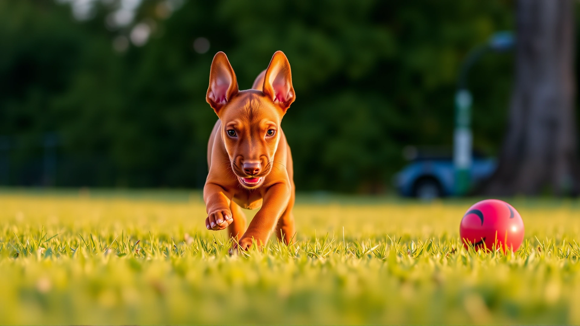 Playful Thai Ridgeback puppy chasing a red ball across vibrant green grass during golden hour.