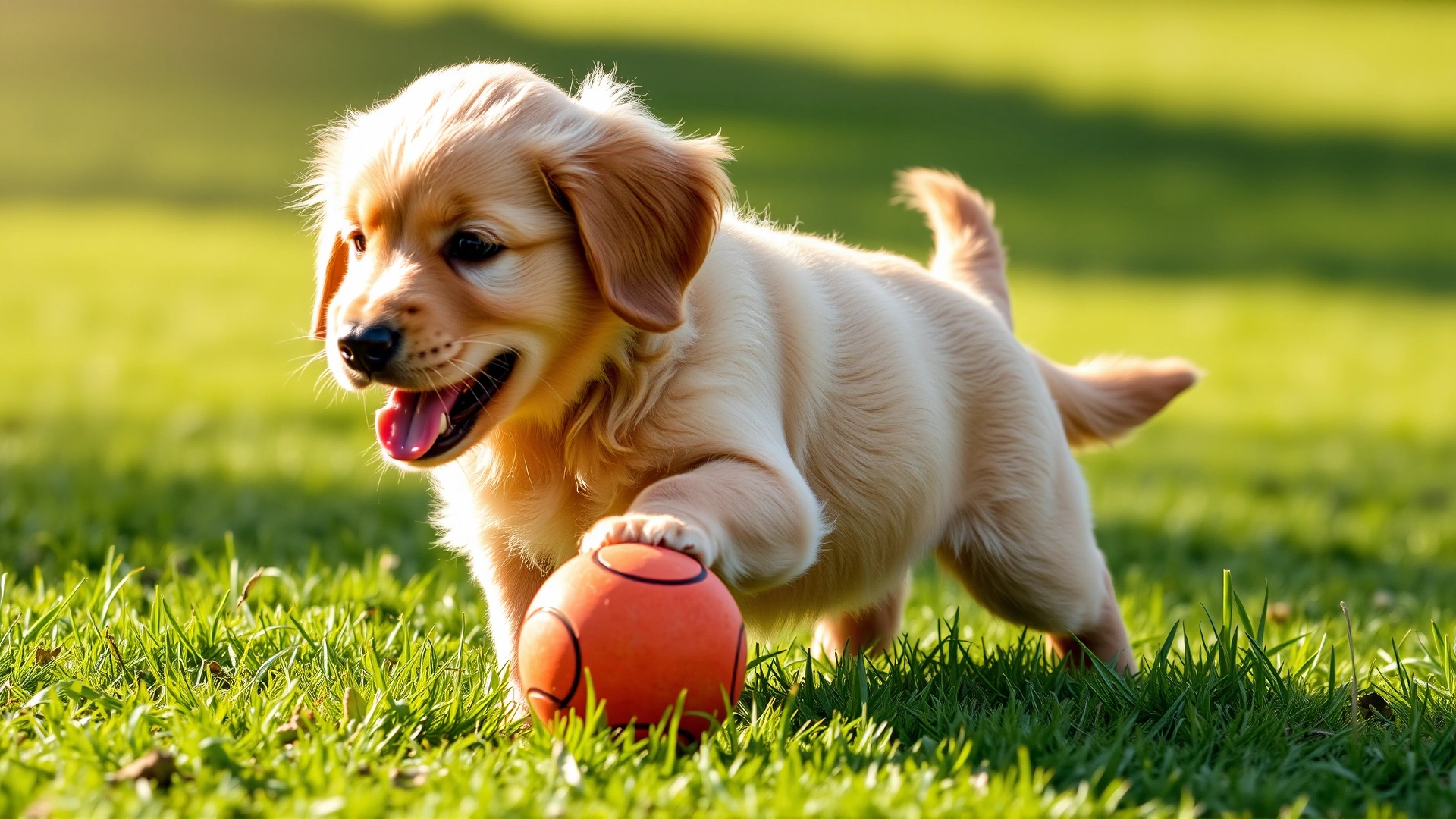 Playful golden retriever puppy chasing a ball on green grass, sunlit afternoon