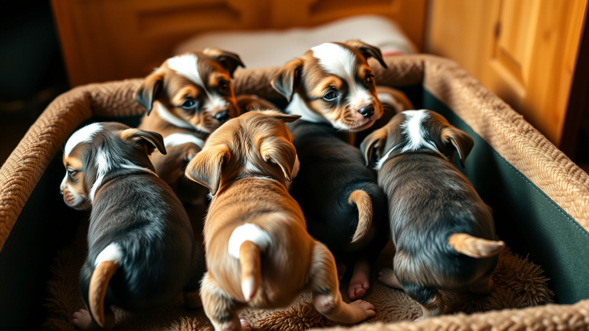 A litter of playful puppies interacting in a cozy whelping box, each wagging short tails gently, warm indoor lighting