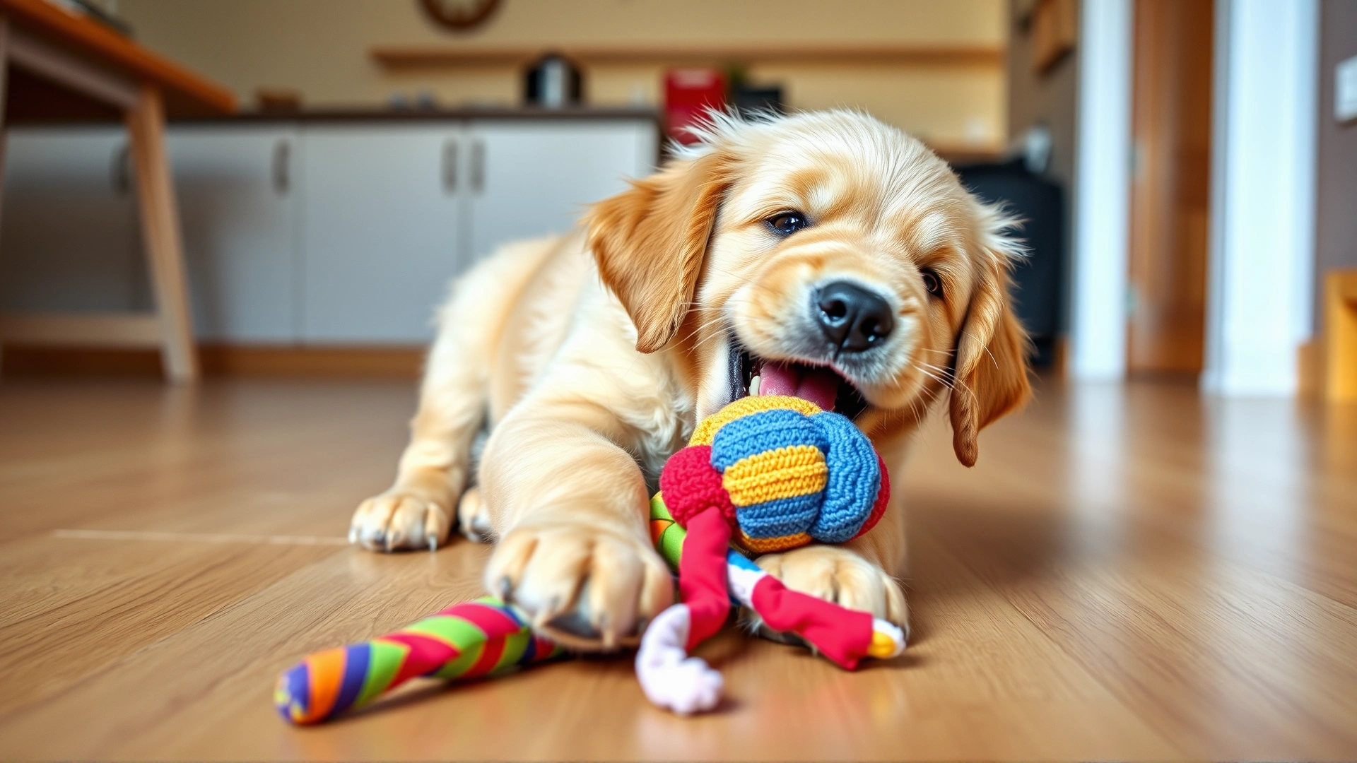 A happy energetic golden retriever puppy playfully chewing a colorful plush toy on a wooden floor, bright interior lighting, high resolution photo.
