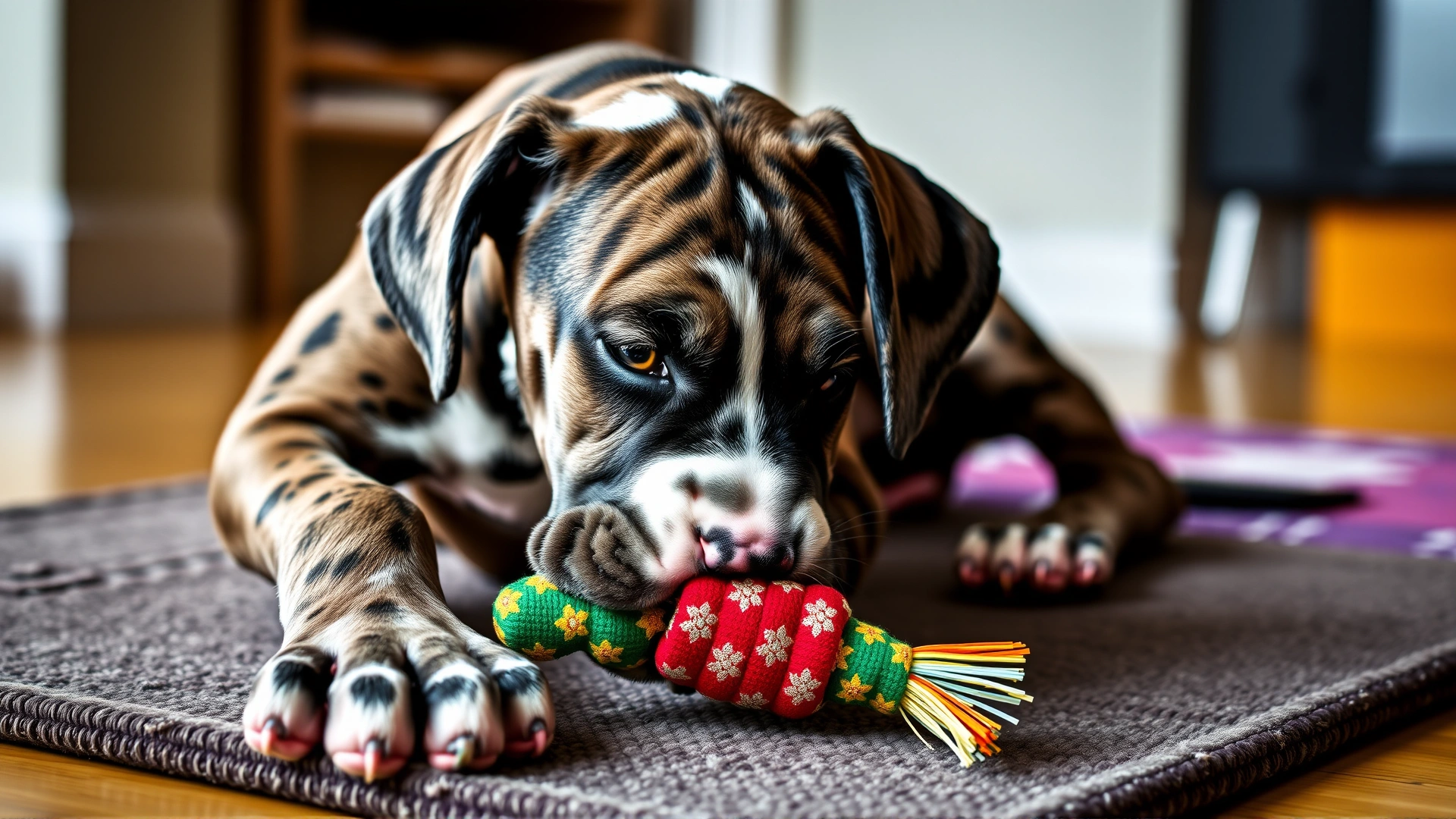 Great Dane puppy playing with a colorful chew toy indoors on a soft mat.