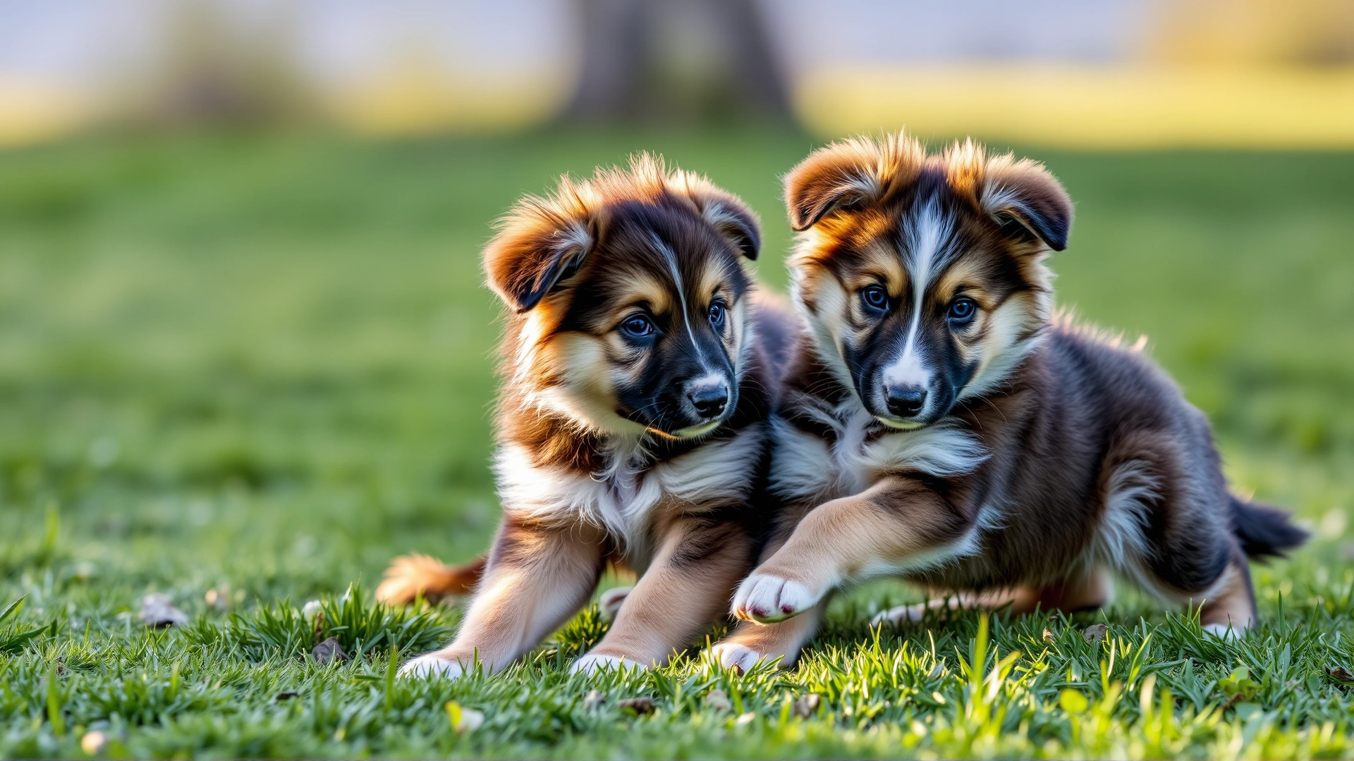 Two fluffy Caucasian Shepherd puppies playing on green grass under soft morning light, illustrating the breed's adorable early stage.
