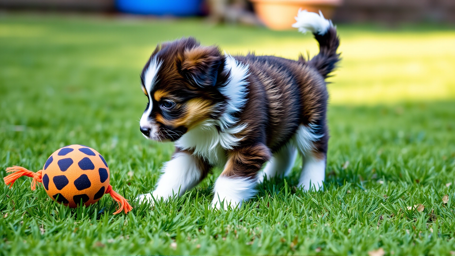 A fluffy medium-sized puppy (e.g., Australian Shepherd pup) chasing a toy on green grass.