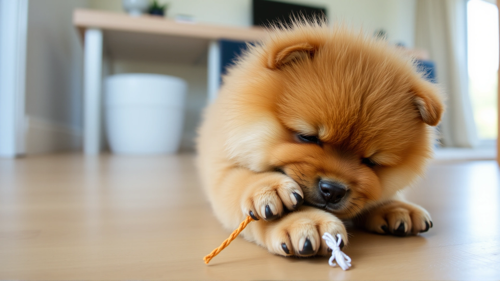 Cute Chow Chow puppy playing with a chew toy indoors on wooden floor