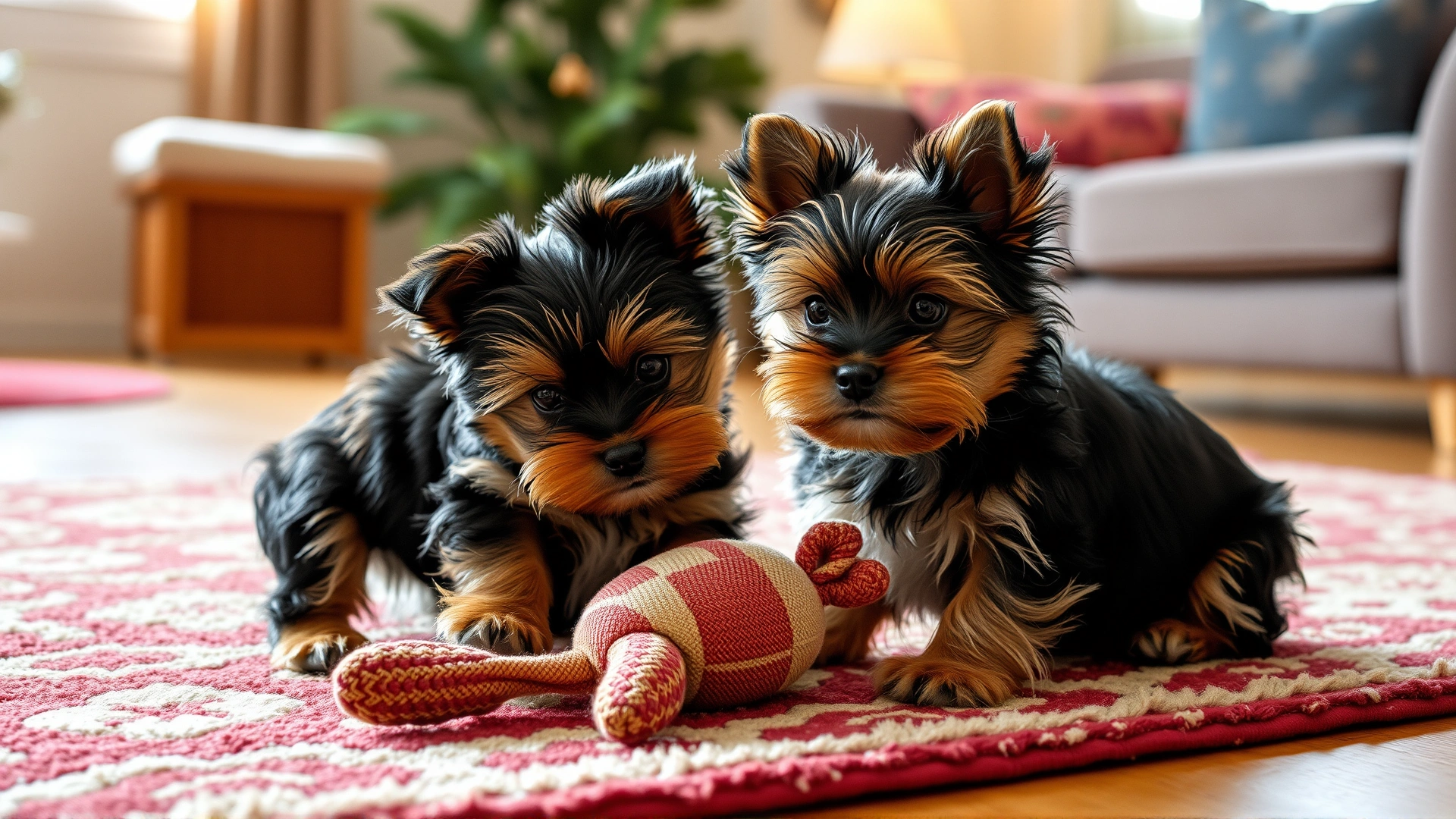 Two Dorkie puppies playing with a plush toy on a cozy living room rug, warm indoor light