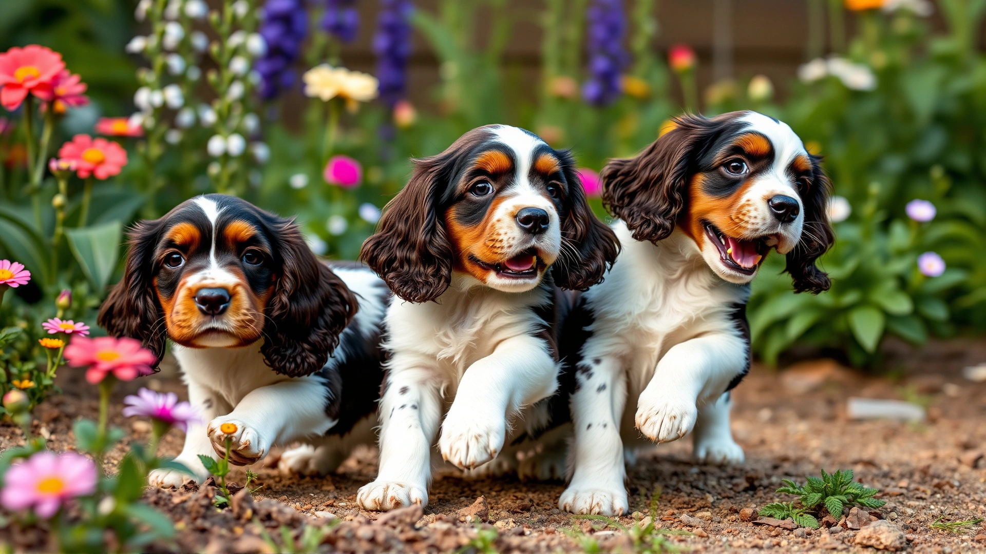 English Cocker Spaniel puppies playing together in a garden with flowers