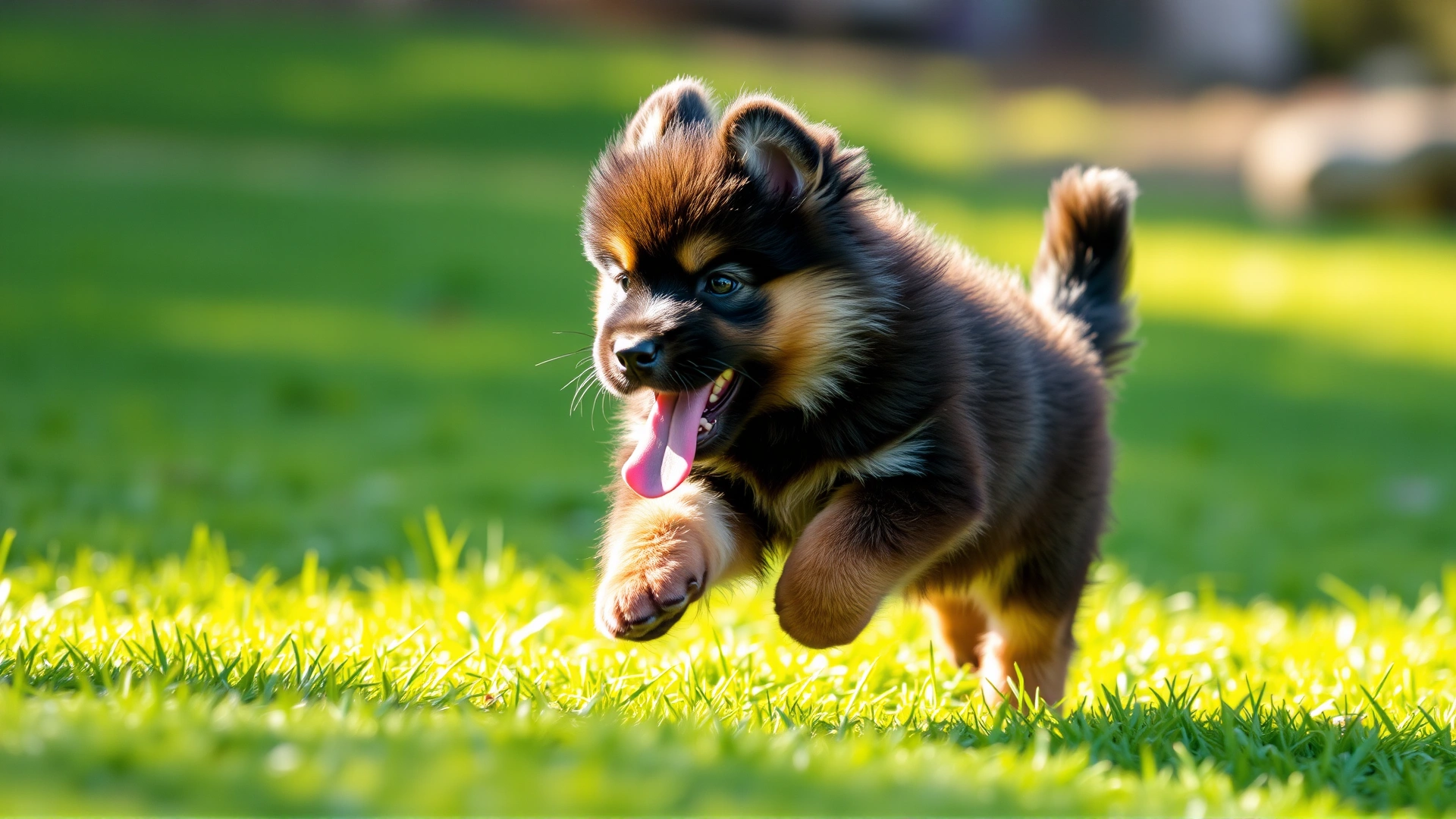 A fluffy Eurasier puppy running on a green lawn with its tongue out, captured mid-motion under bright natural daylight