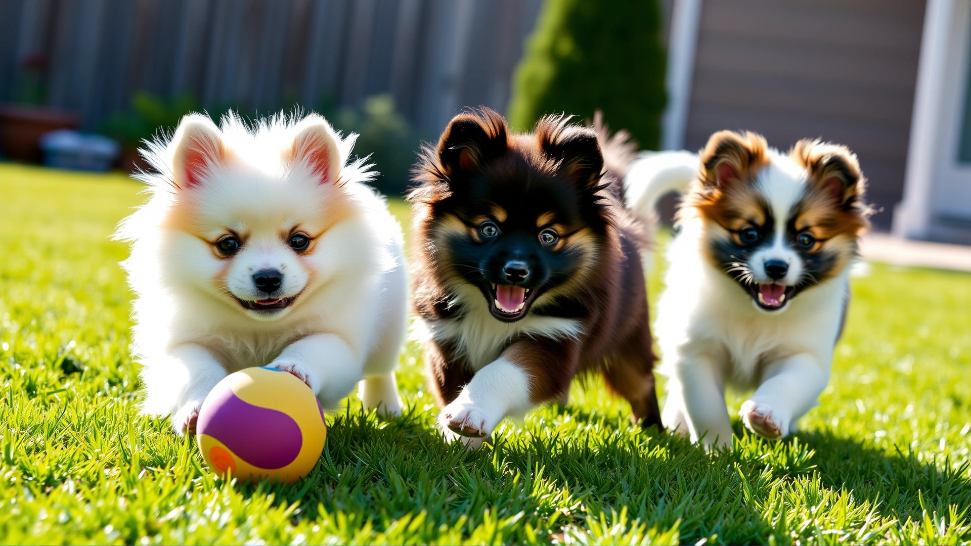 Two playful German Spitz puppies chasing a colorful toy ball on a bright green backyard lawn in sunny weather.