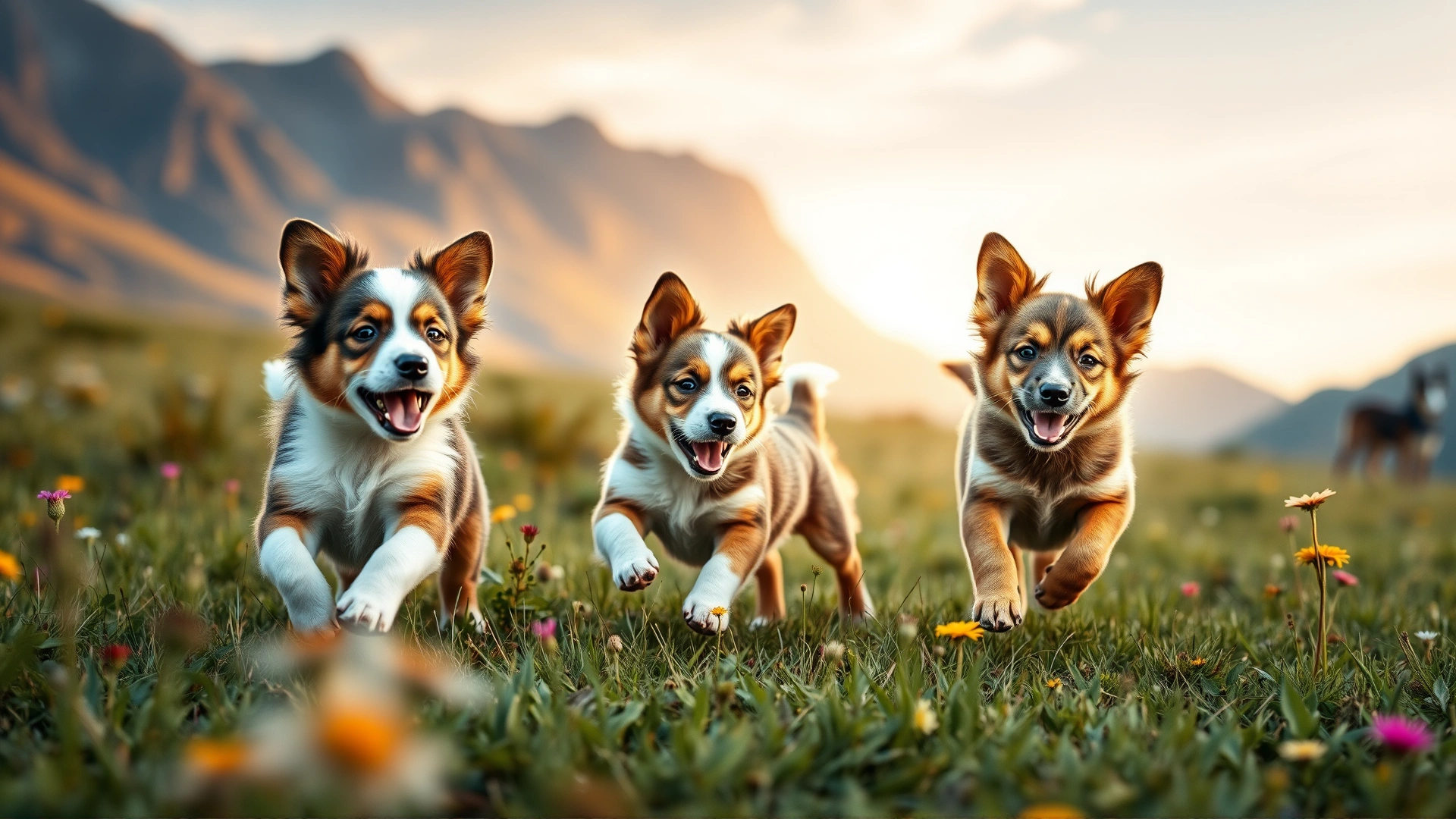 Three Australian Cattle Dog puppies playfully chasing each other on a meadow with wildflowers, mountains softly blurred in the background, captured during golden hour.