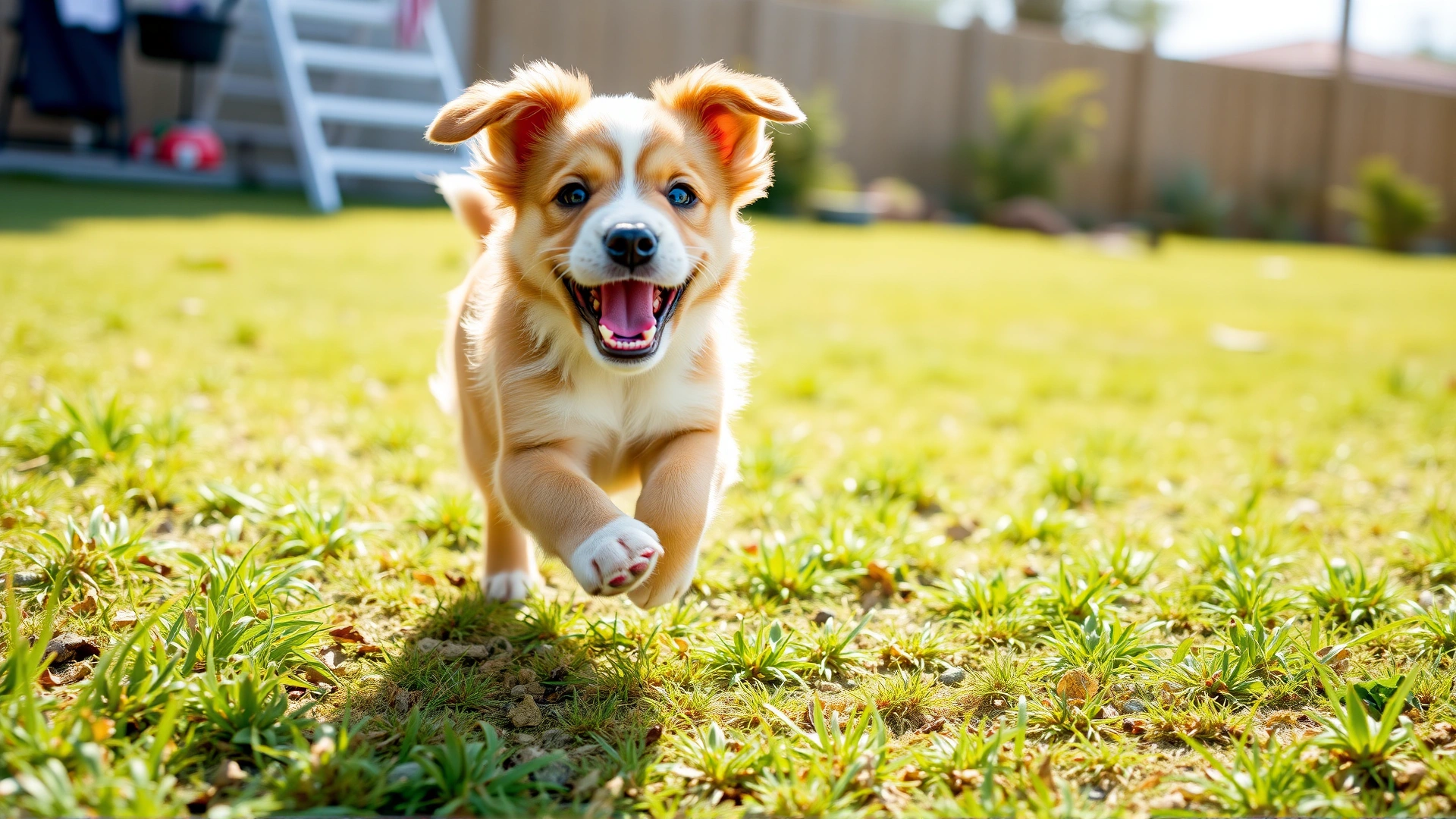 Playful puppy running through a sunny backyard with green grass, looking energetic and carefree.