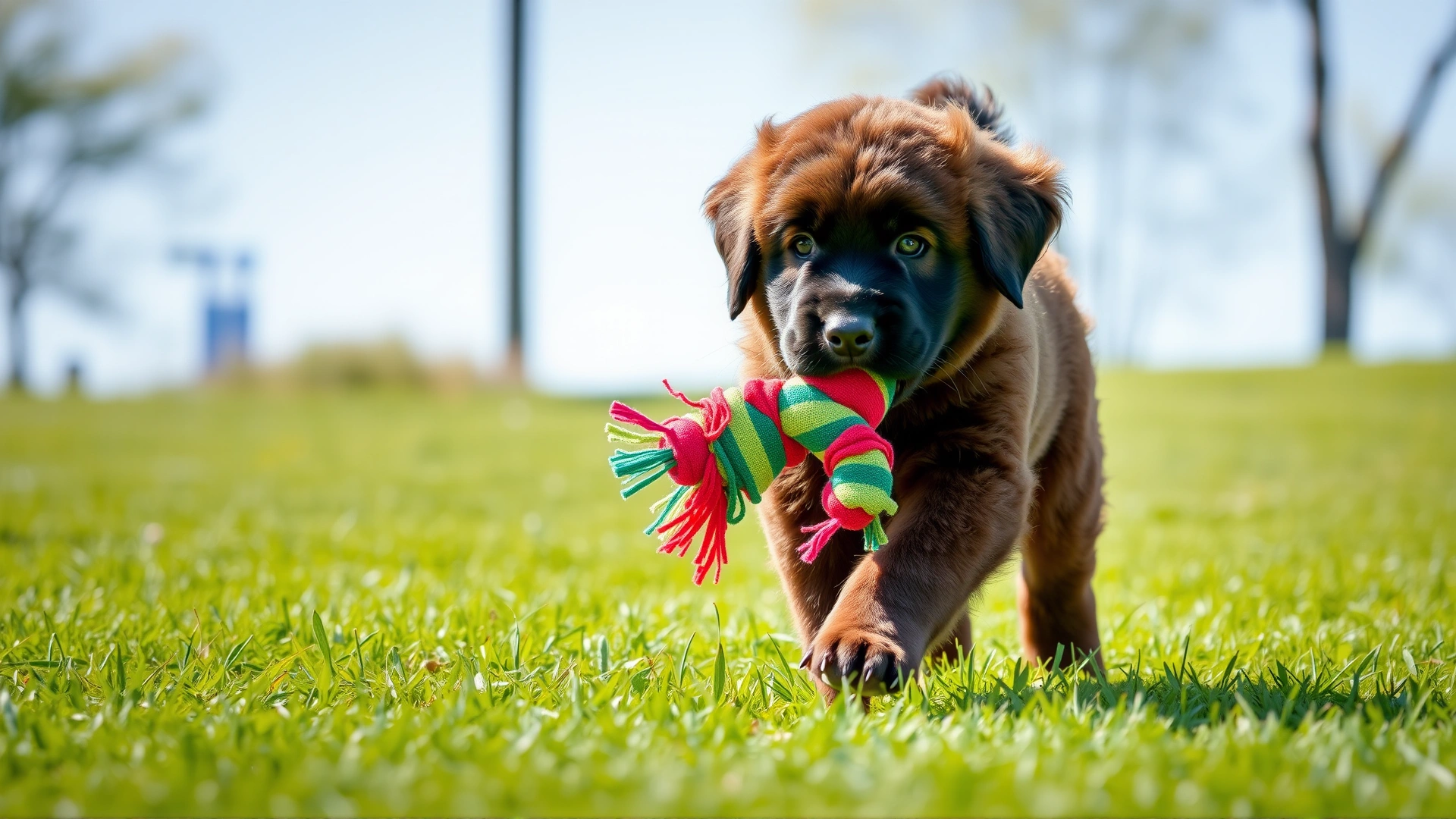 A playful Newfoundland puppy running on fresh green grass with a colorful toy in its mouth under clear daylight.