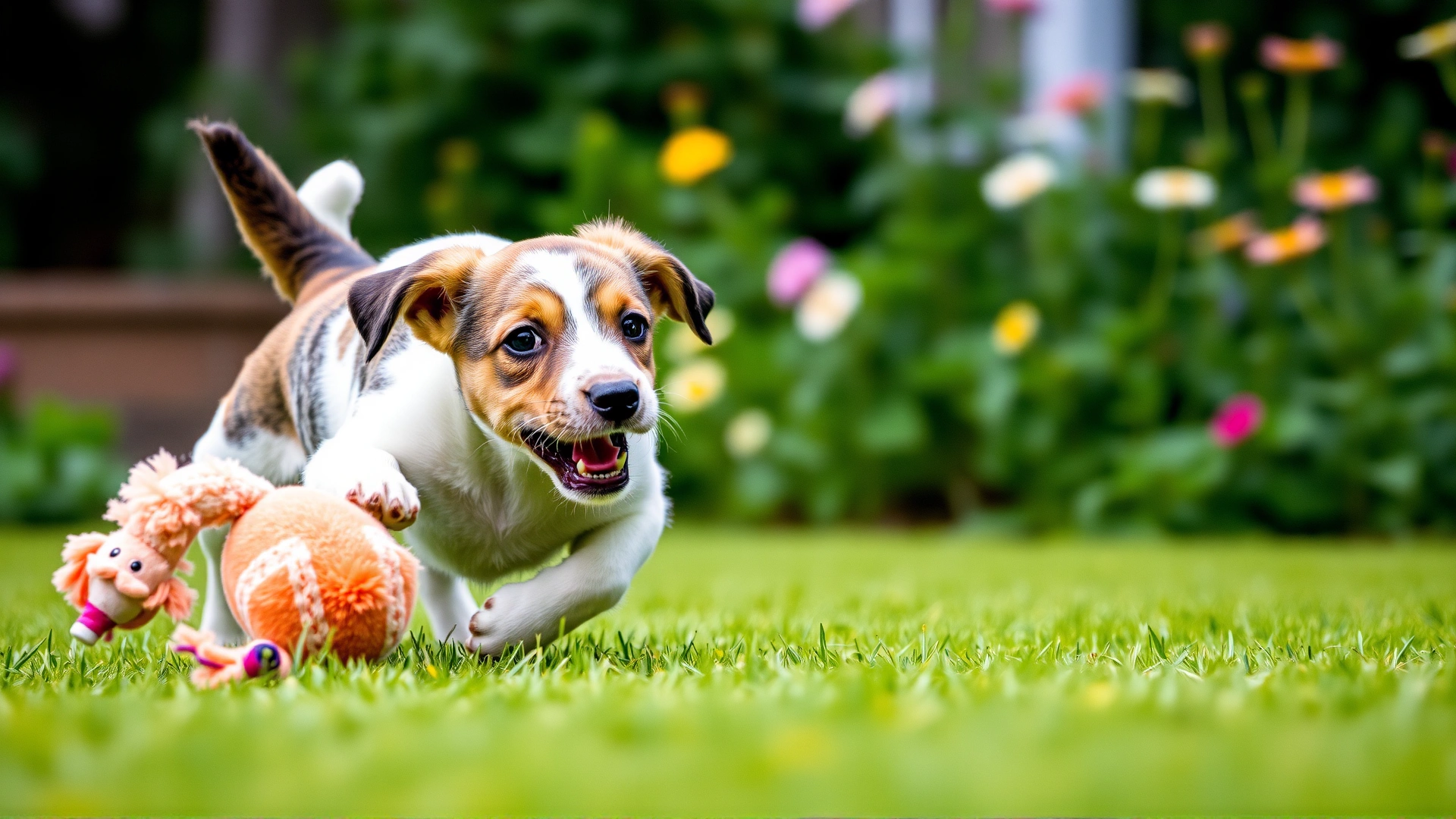 Bracco Italiano puppy chasing a soft toy in a backyard garden, playful mood, flowers in background.