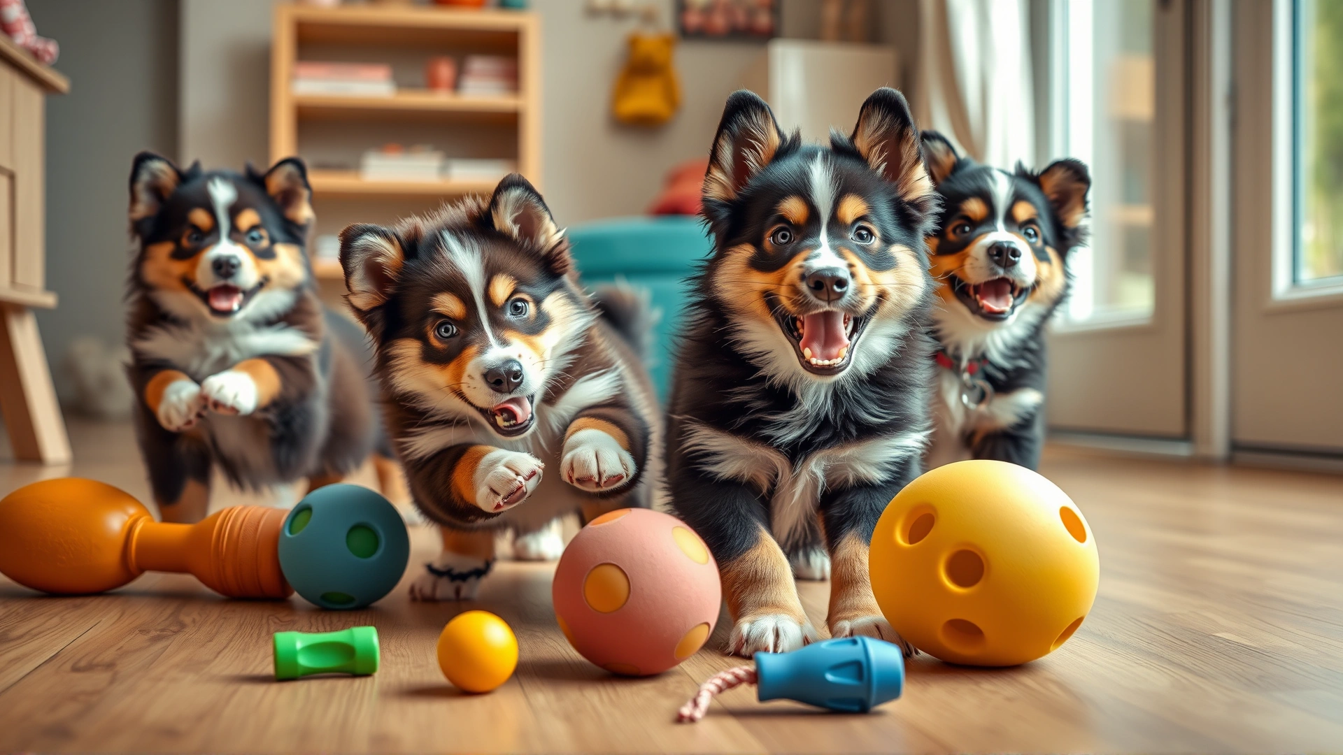 Group of Norwegian Lundehund puppies playing with interactive toys indoors, cheerful atmosphere