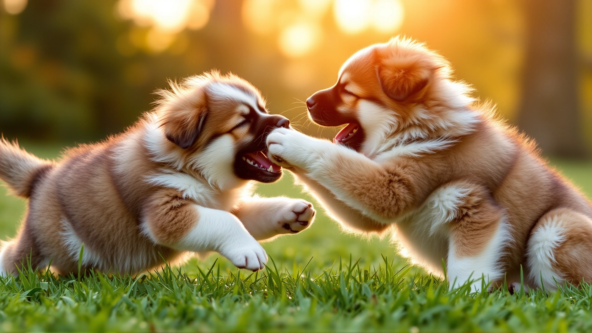 Two fluffy Anatolian Shepherd puppies play-fighting on green grass under warm daylight.