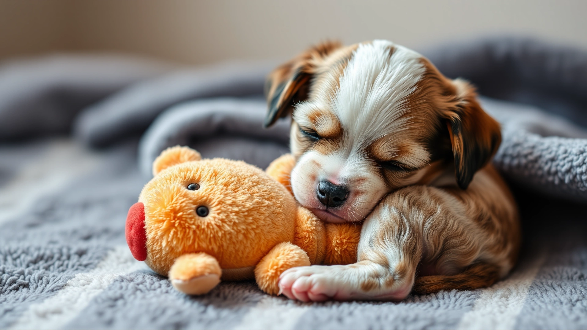 A very young puppy (around 6 weeks old) snuggling with a soft plush squeaky toy on a blanket.