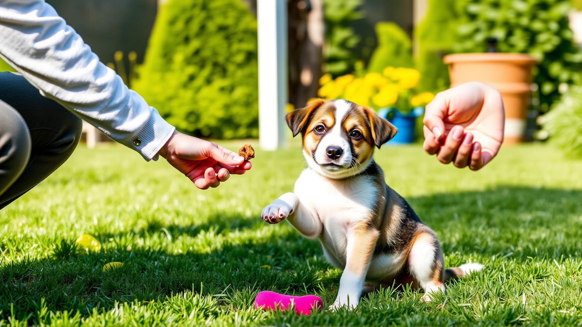 Playful puppy sitting calmly while a person practices the trade game, offering a treat in exchange for a small toy in a sunny backyard setting.