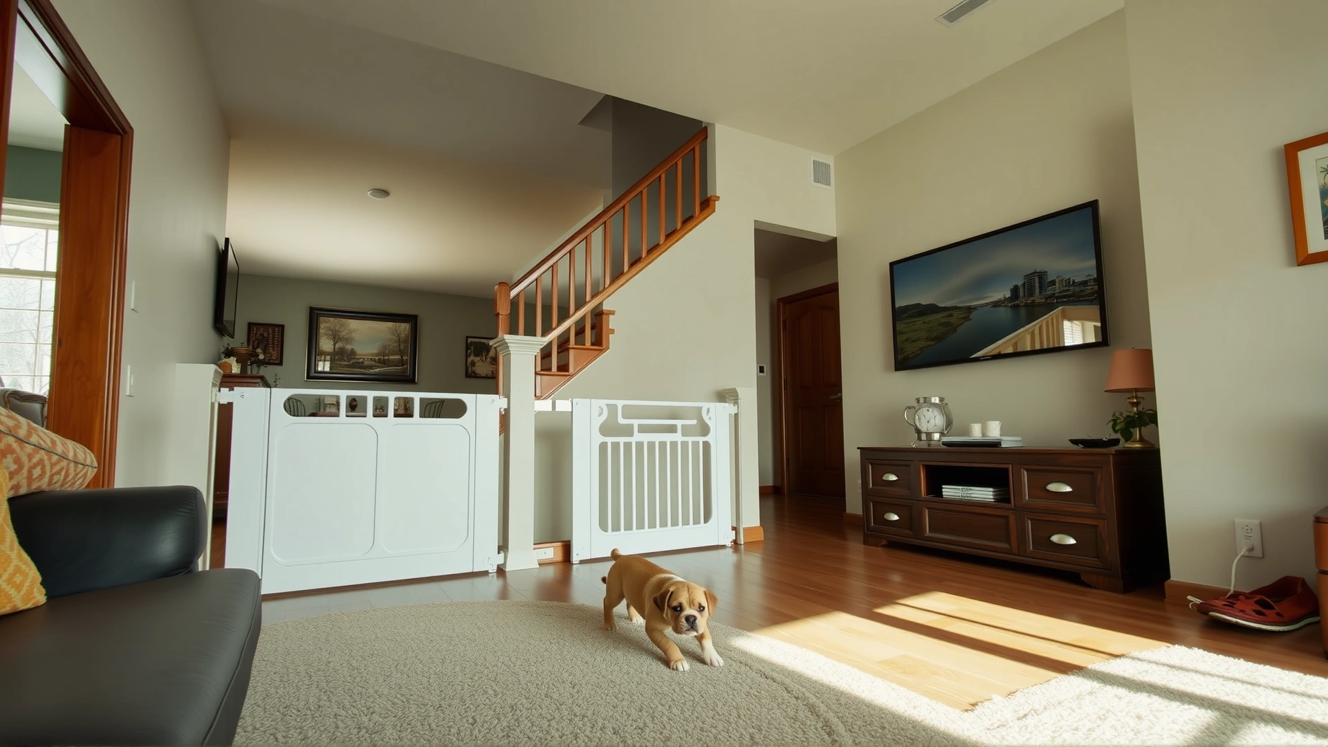 Interior shot of a living room with baby gates blocking stair access and electrical cords tucked away, while a curious puppy explores safely.