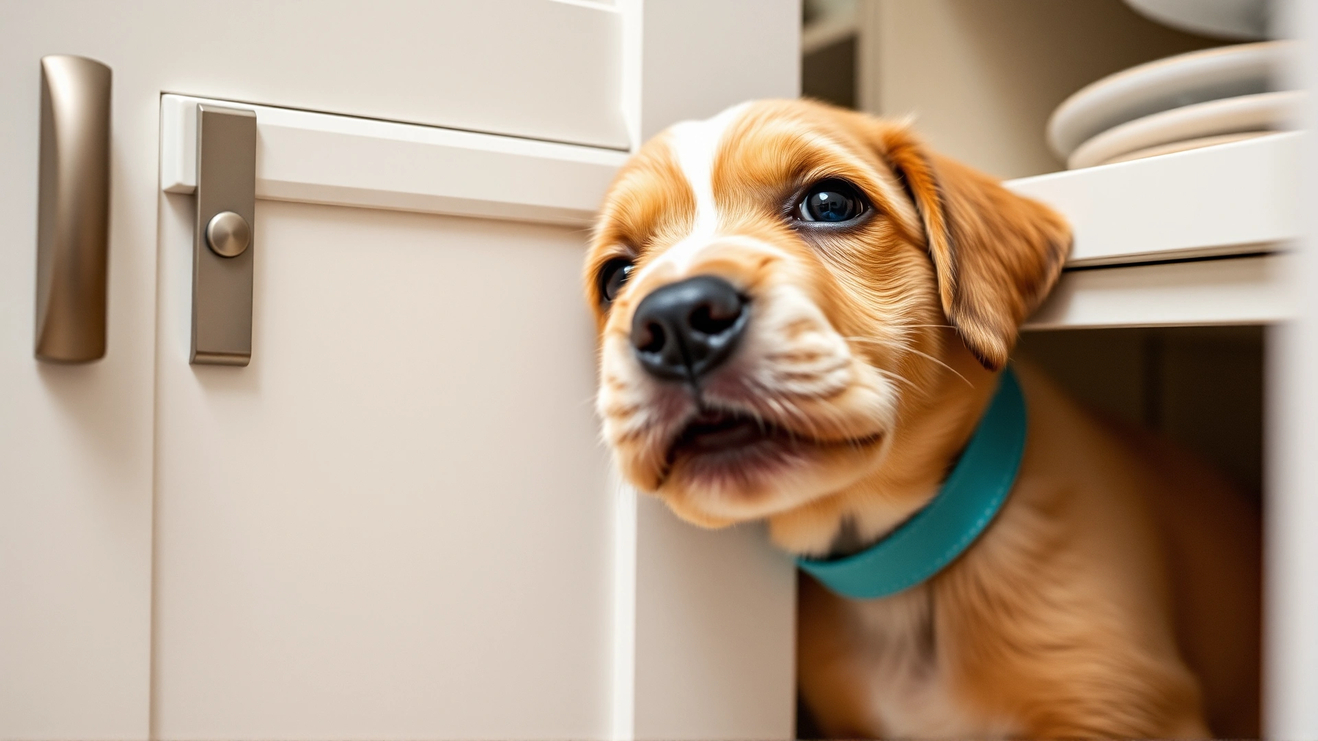 Close-up of a curious puppy sniffing a cabinet door secured with childproof locks, illustrating household safety preparations.