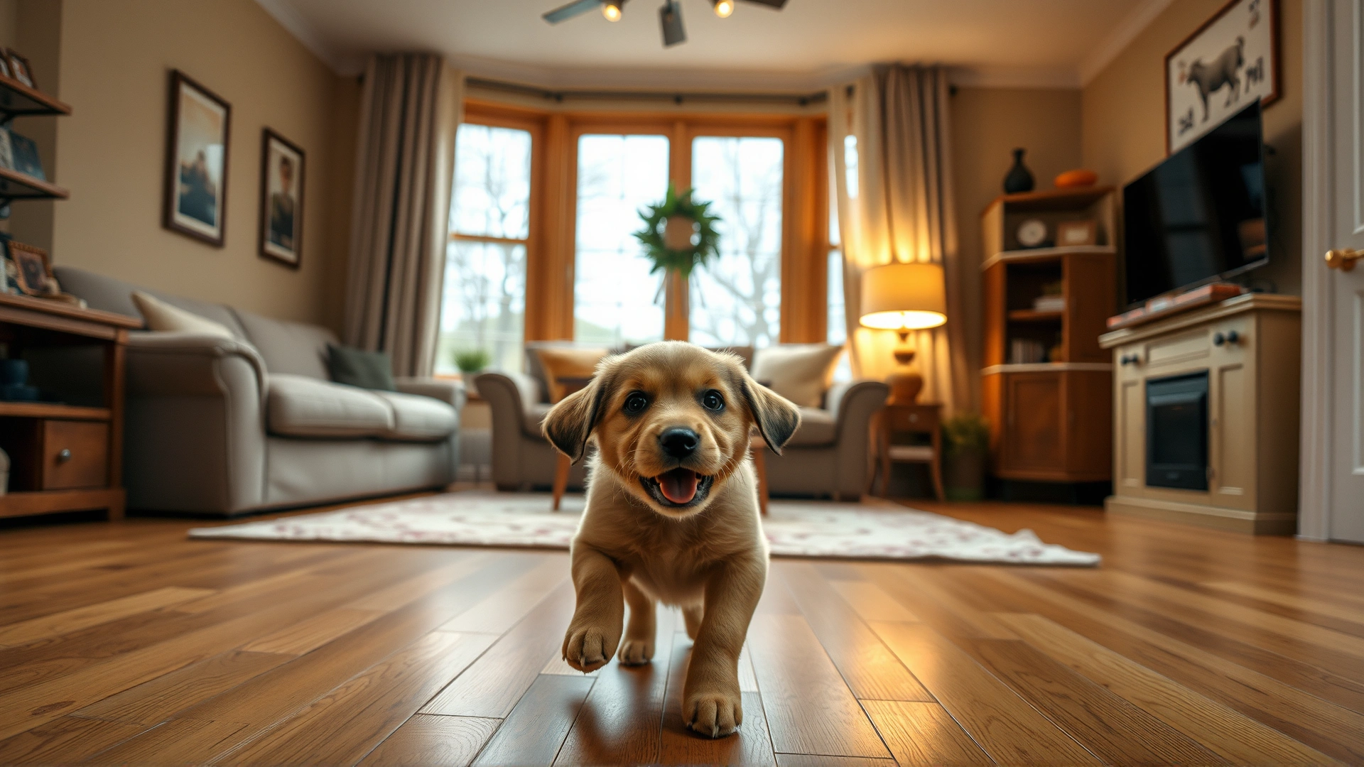 A wide shot of a playful puppy exploring a cozy, puppy-proofed living room for the first time, with warm ambient lighting.
