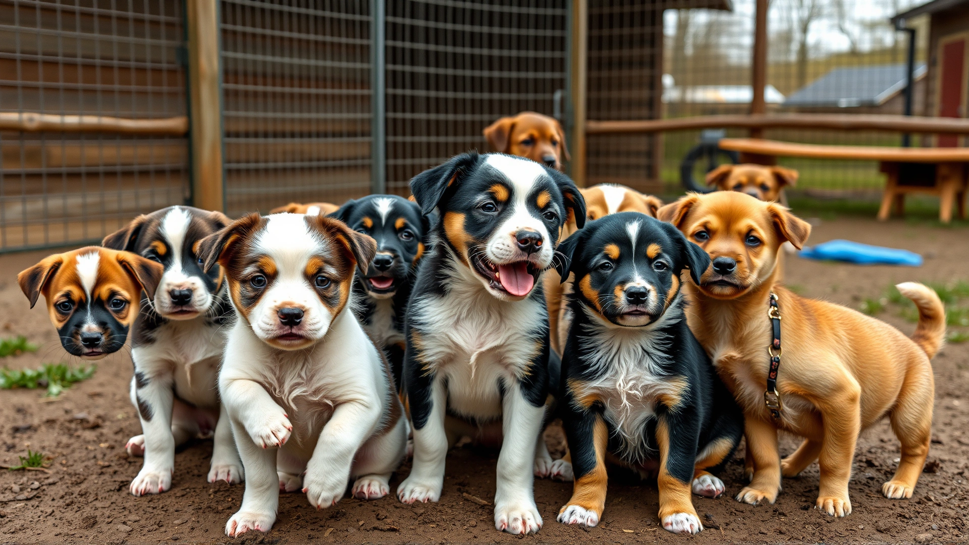 Group of playful puppies of various breeds in an outdoor kennel, highlighting high-density environment risk