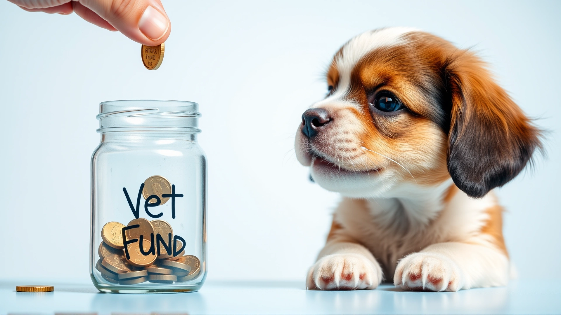 Adorable puppy dropping a coin into a clear glass jar labeled ‘Vet Fund’, bright and playful atmosphere.