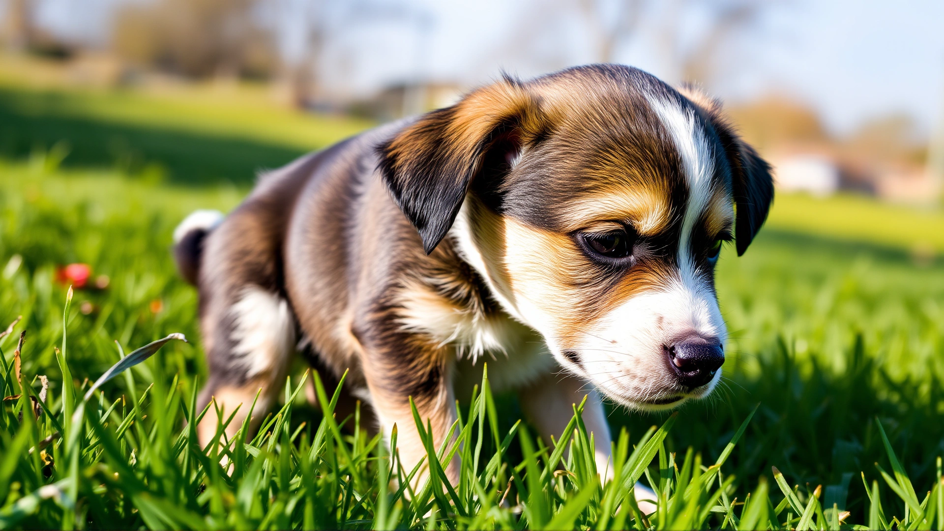 Small mixed-breed puppy outdoors on green grass, scratching behind its ear under warm sunlight, candid moment