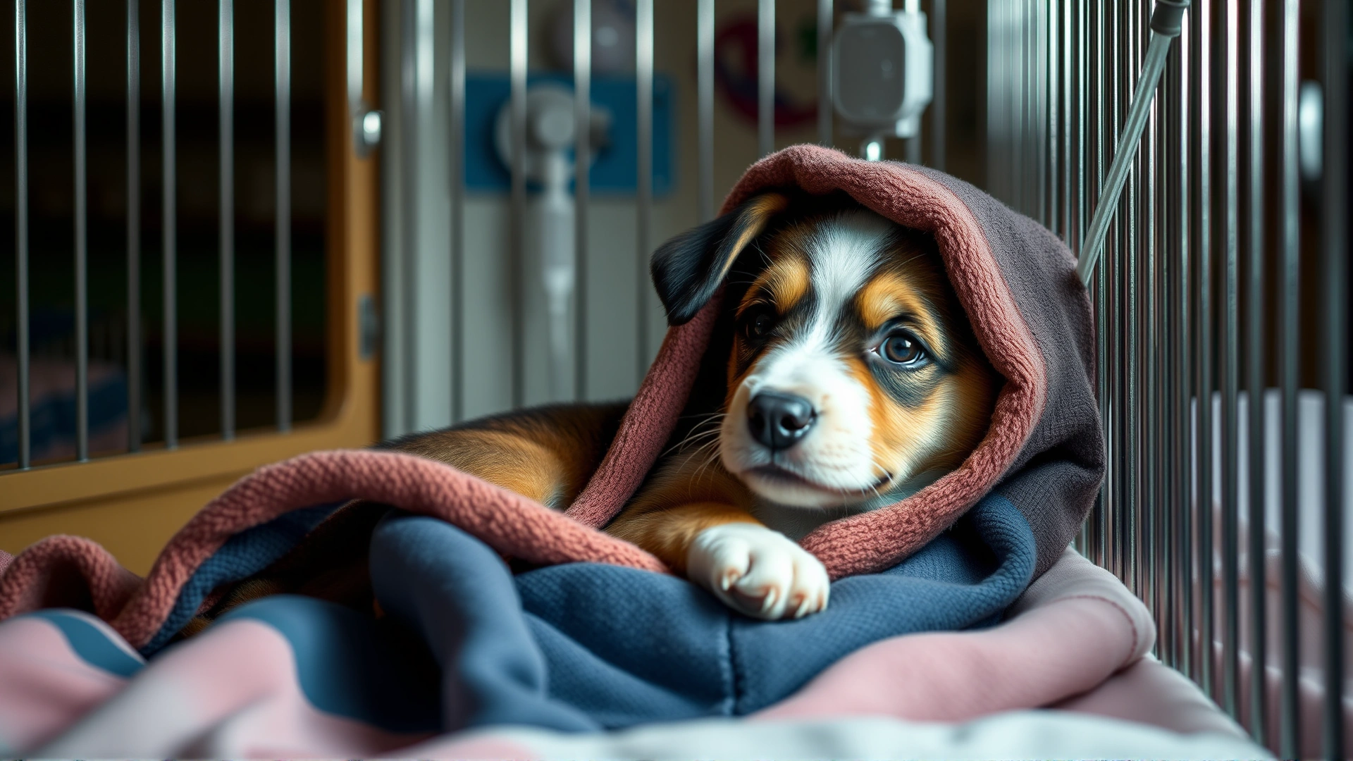 Young puppy wrapped in a warm blanket inside a recovery cage with an IV line, soft ambient light
