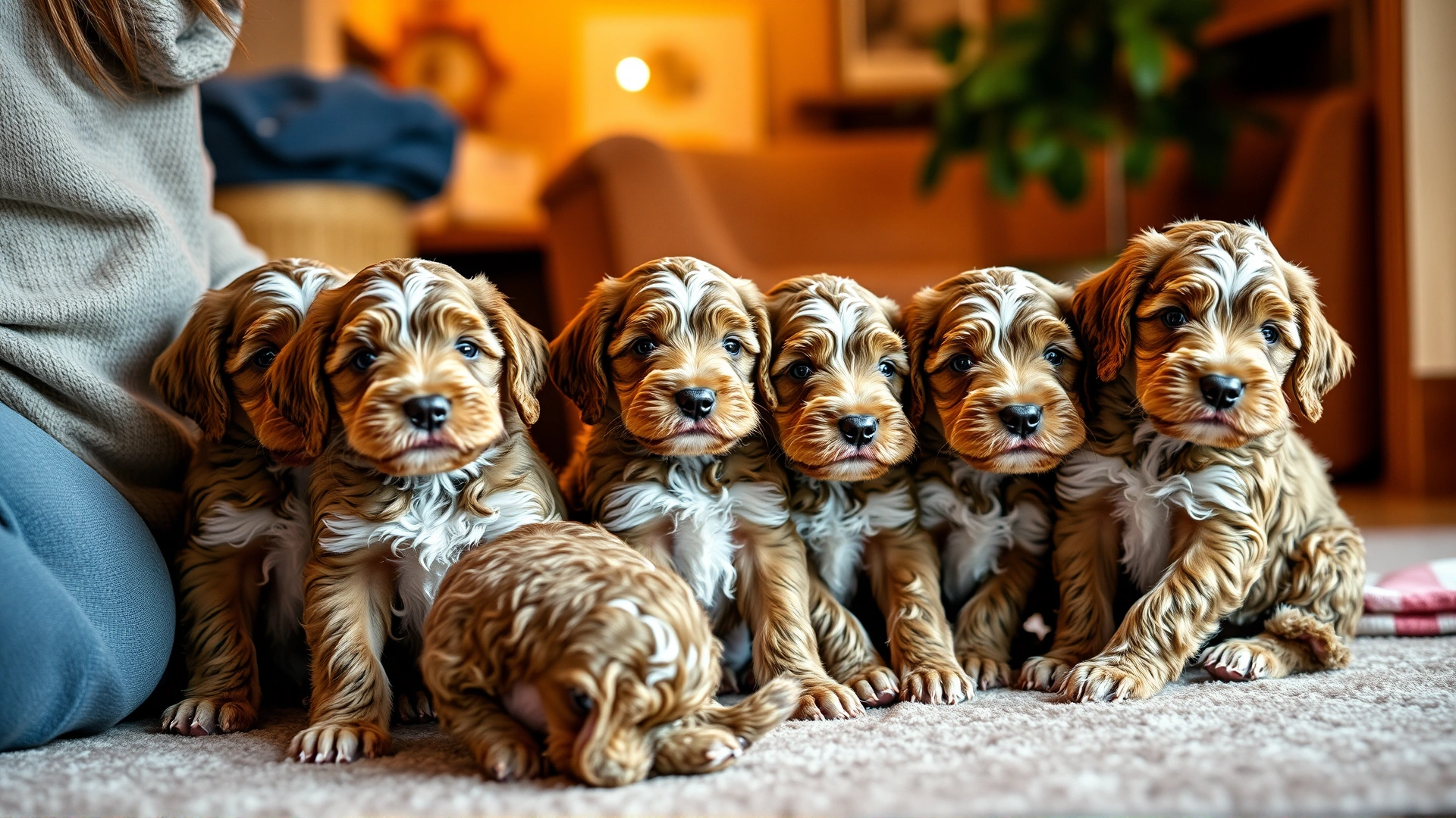 A litter of Spinone Italiano puppies interacting with a responsible breeder in a cozy indoor environment with warm lighting