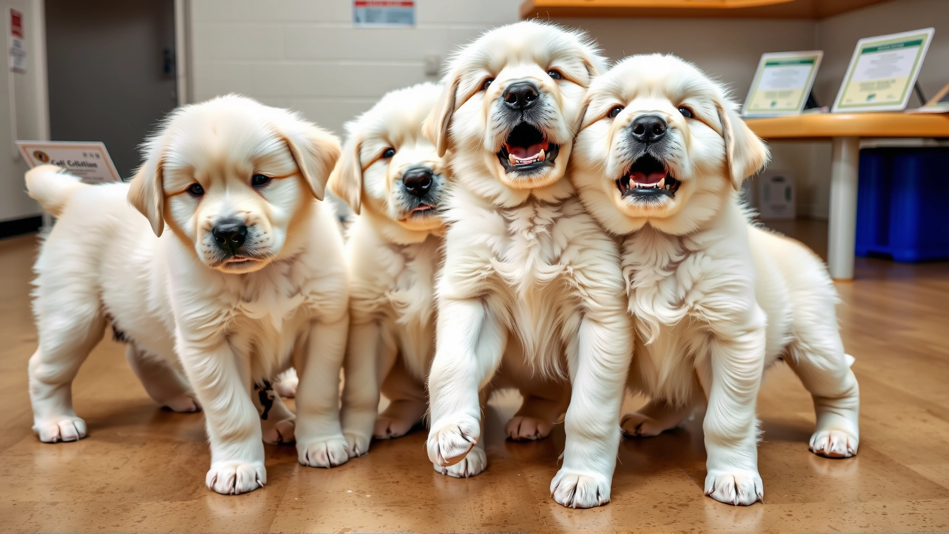 Adorable Great Pyrenees puppies playing together in a clean breeder environment with health certificates visible on a nearby table.