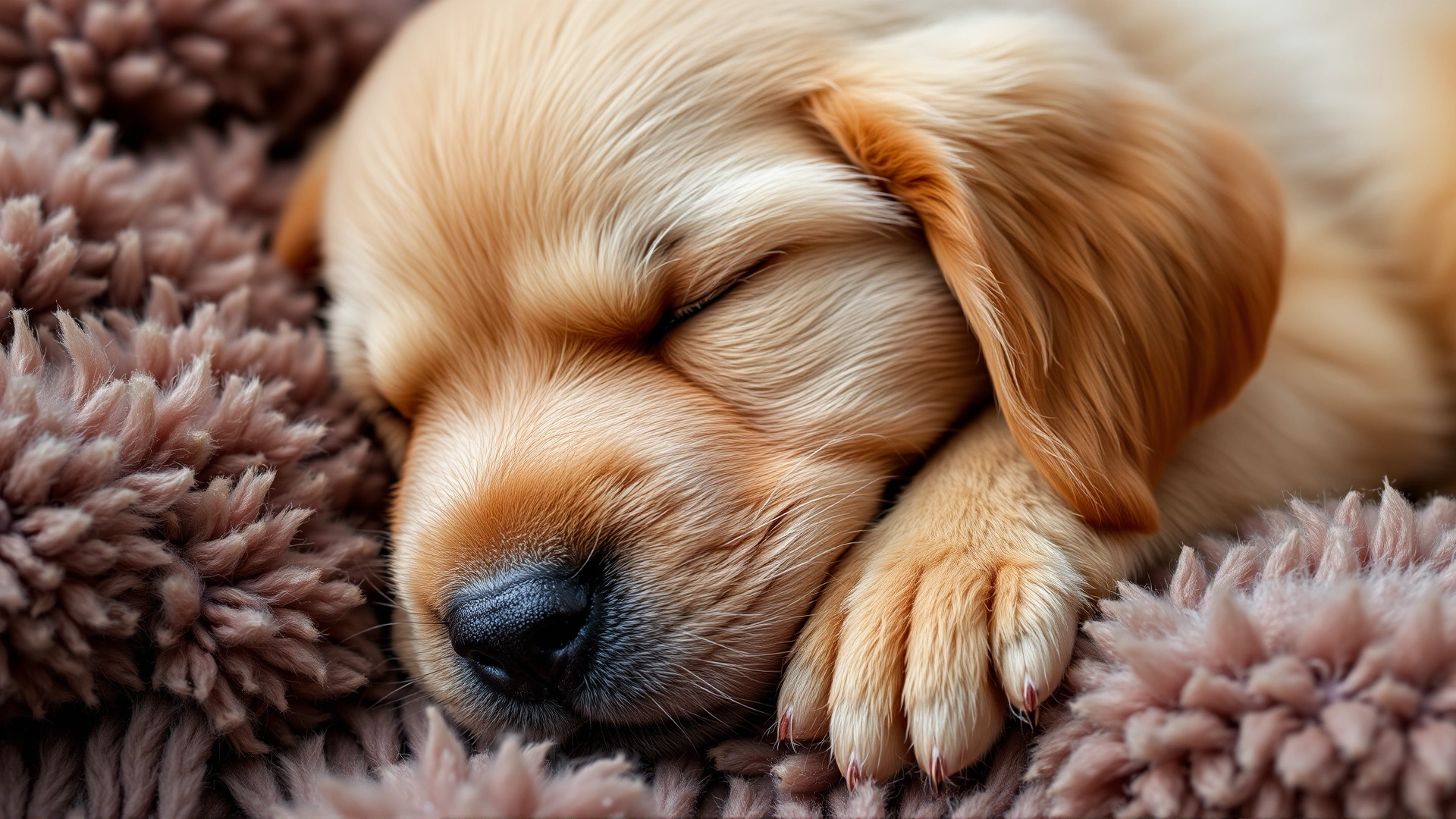 Close-up of a small golden retriever puppy fast asleep with its paws tucked under its chin on a fluffy blanket