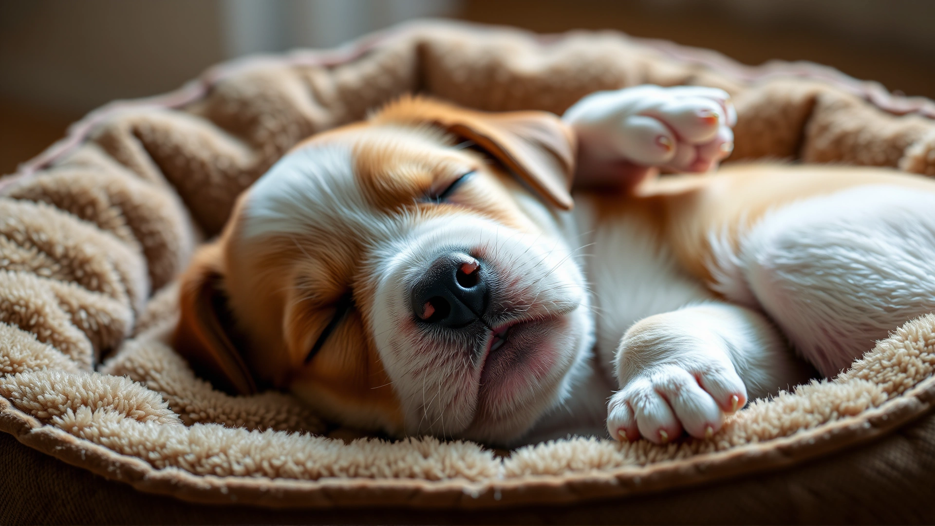 Adorable puppy sleeping soundly on its back in a dog bed, soft lighting, feeling safe