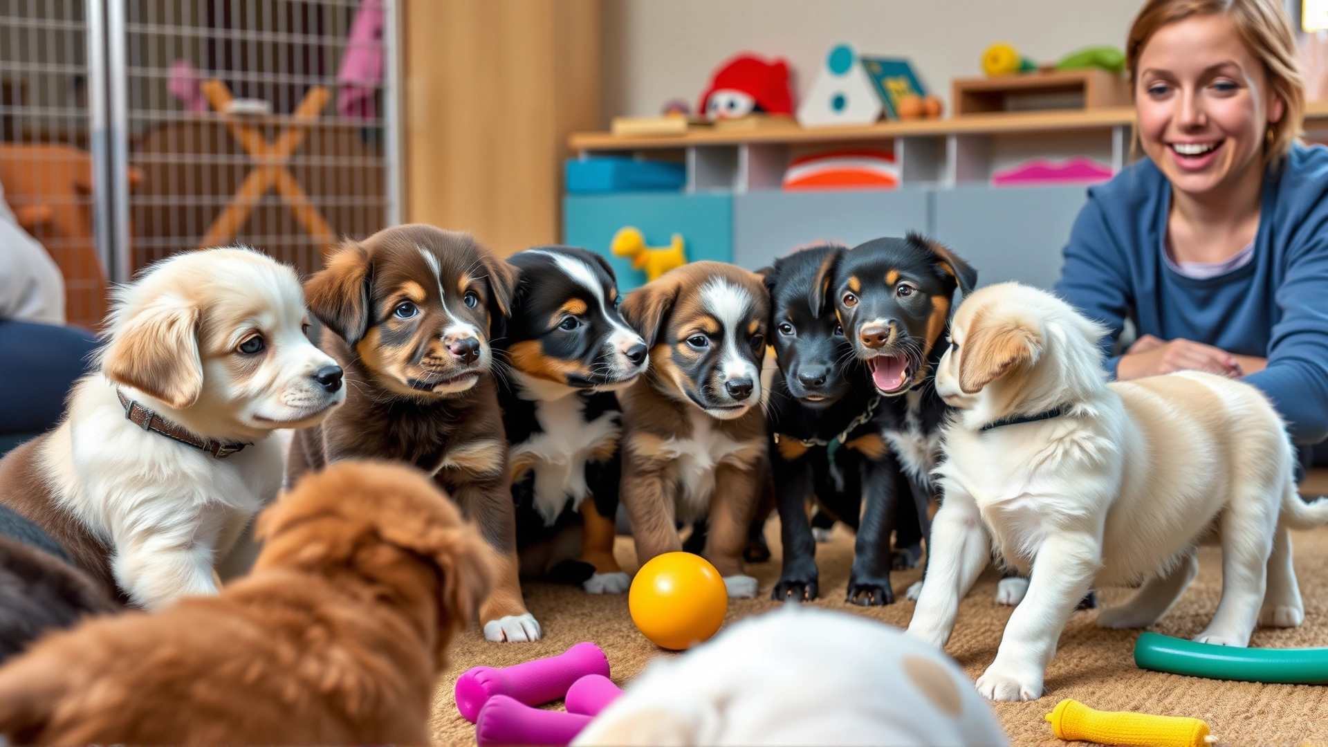 A mixed group of puppies of different breeds meeting each other in a safe indoor play area with toys and a trainer smiling nearby—illustrates early socialization.