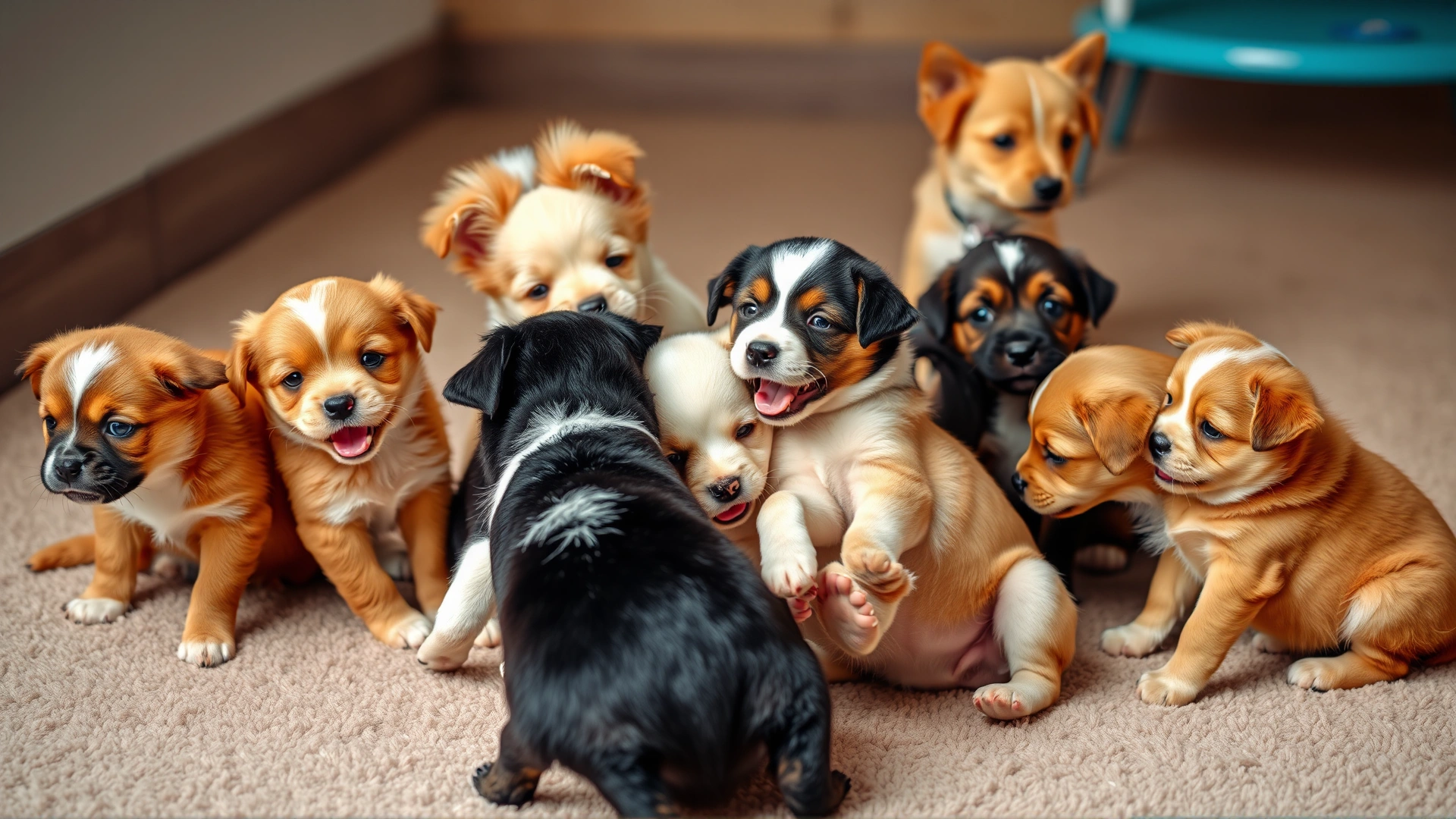 Group of puppies of various breeds engaging in supervised play on a soft surface, puppies showing friendly body language