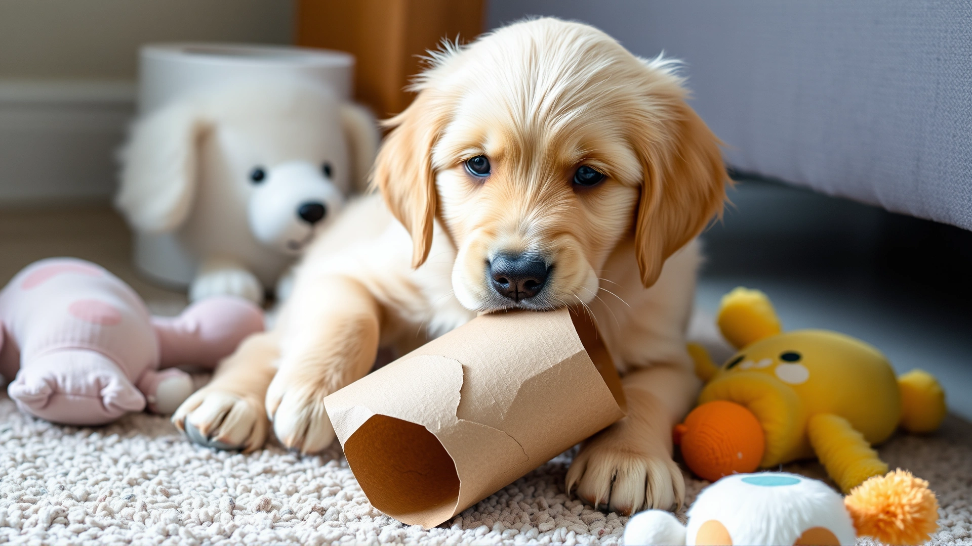 Young Golden Retriever puppy chewing on a cardboard toilet paper roll, surrounded by soft toys on a cozy carpet.