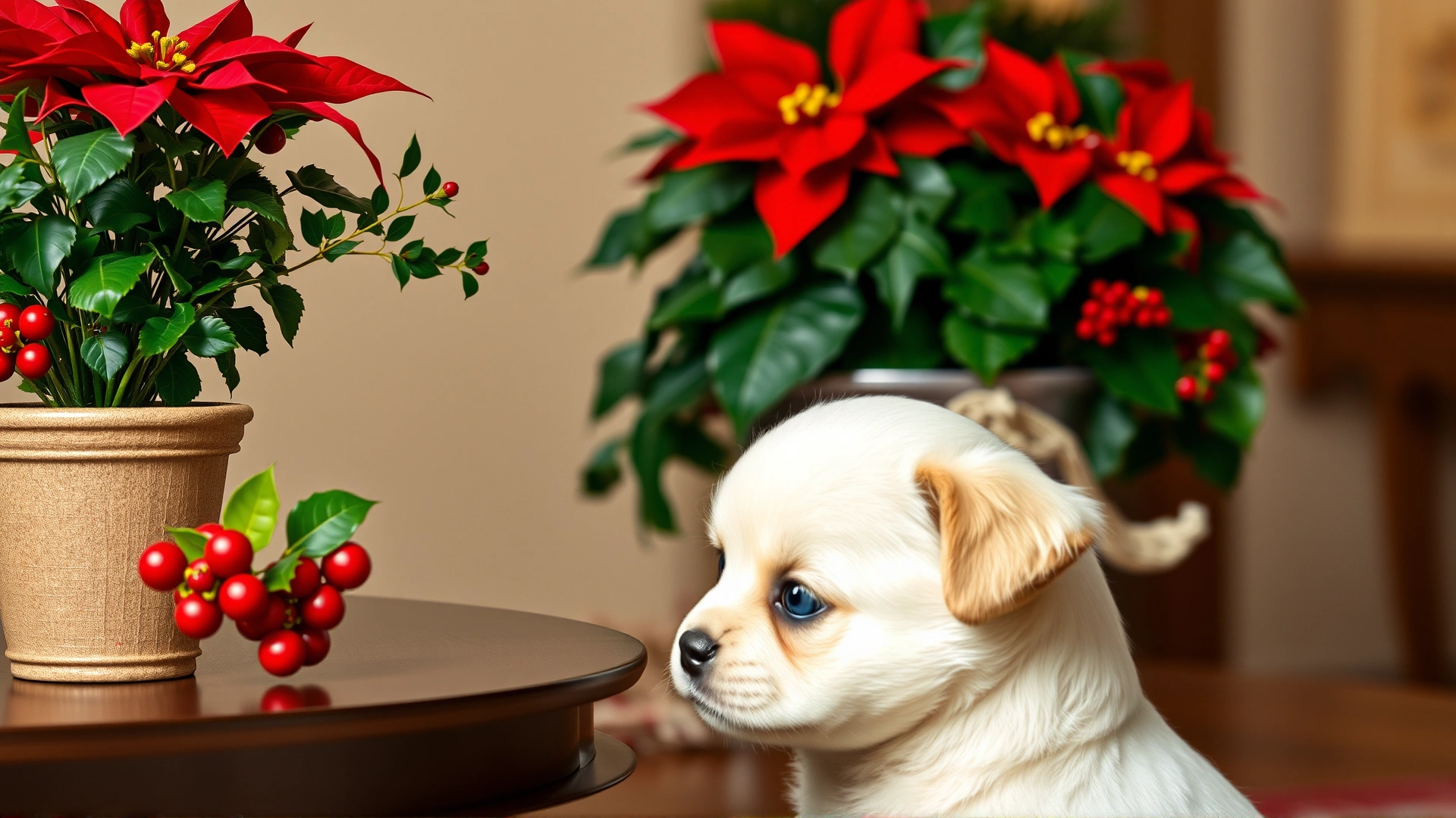 A puppy cautiously approaching a table holding poinsettia, mistletoe, and holly plants. The plants are clearly visible while the puppy is kept at a slight distance to imply danger.