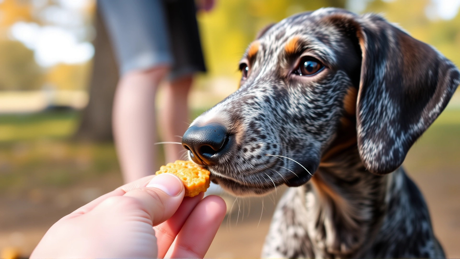 Bluetick Coonhound puppy receiving a treat during a positive reinforcement training session in a park, close-up on puppy's attentive eyes.