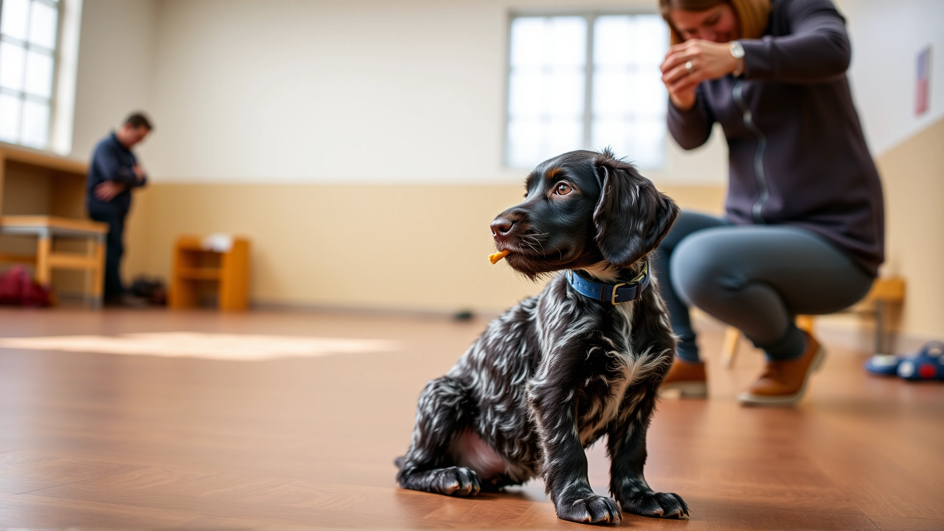 German Wirehaired Pointer puppy in an obedience class performing a sit command, receiving a treat in a softly lit indoor training hall.